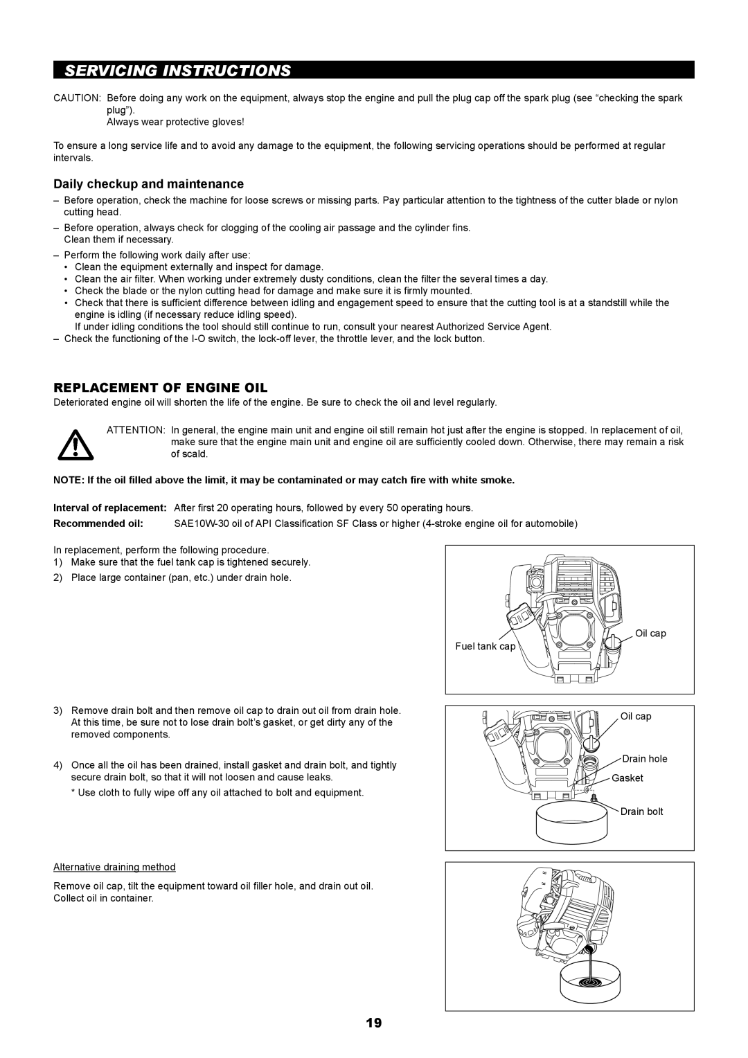 Makita EM2650UH, EM2650LH manual Servicing Instructions, Daily checkup and maintenance, Replacement of Engine OIL 