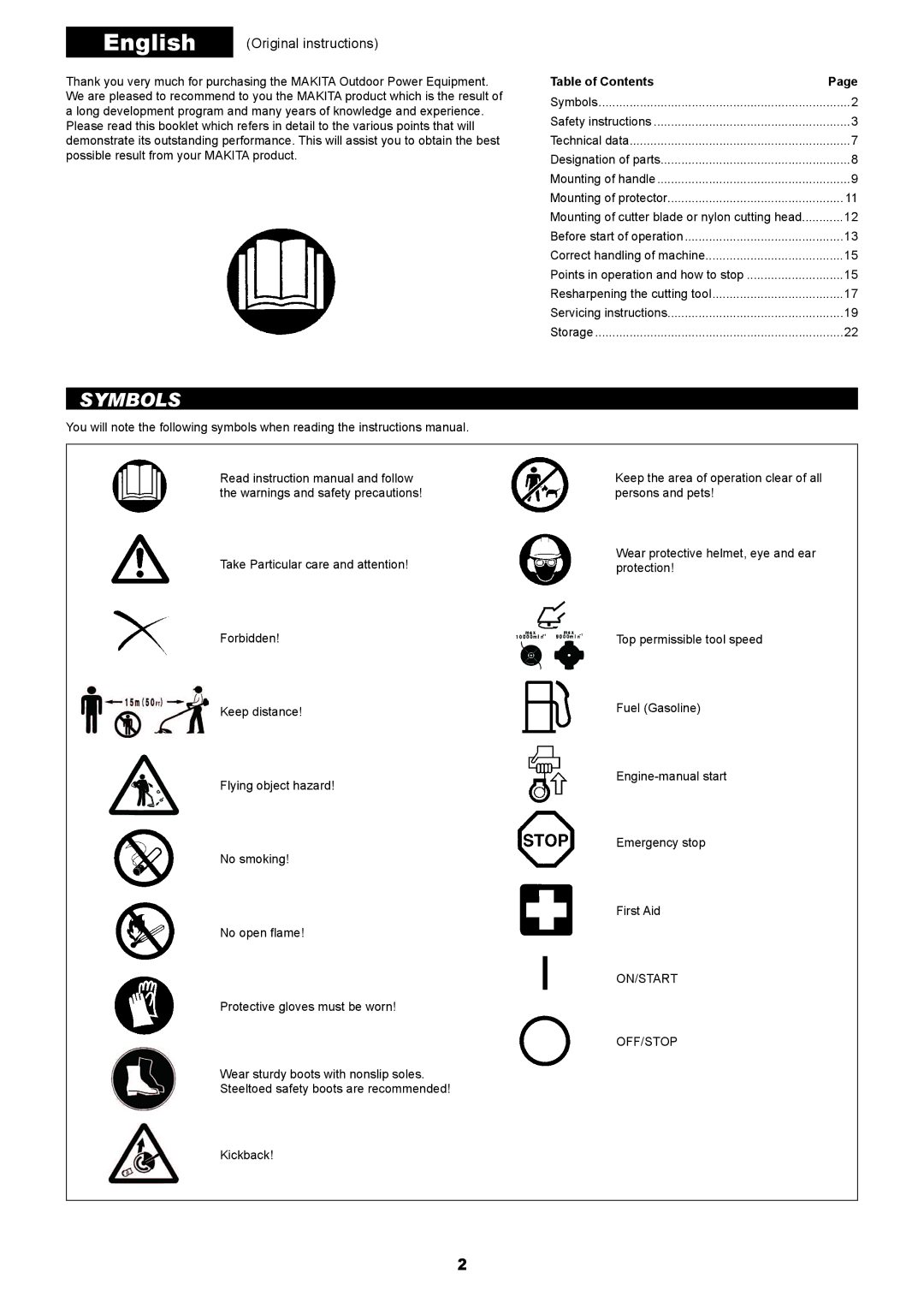 Makita EM2650LH, EM2650UH manual Symbols, Table of Contents 