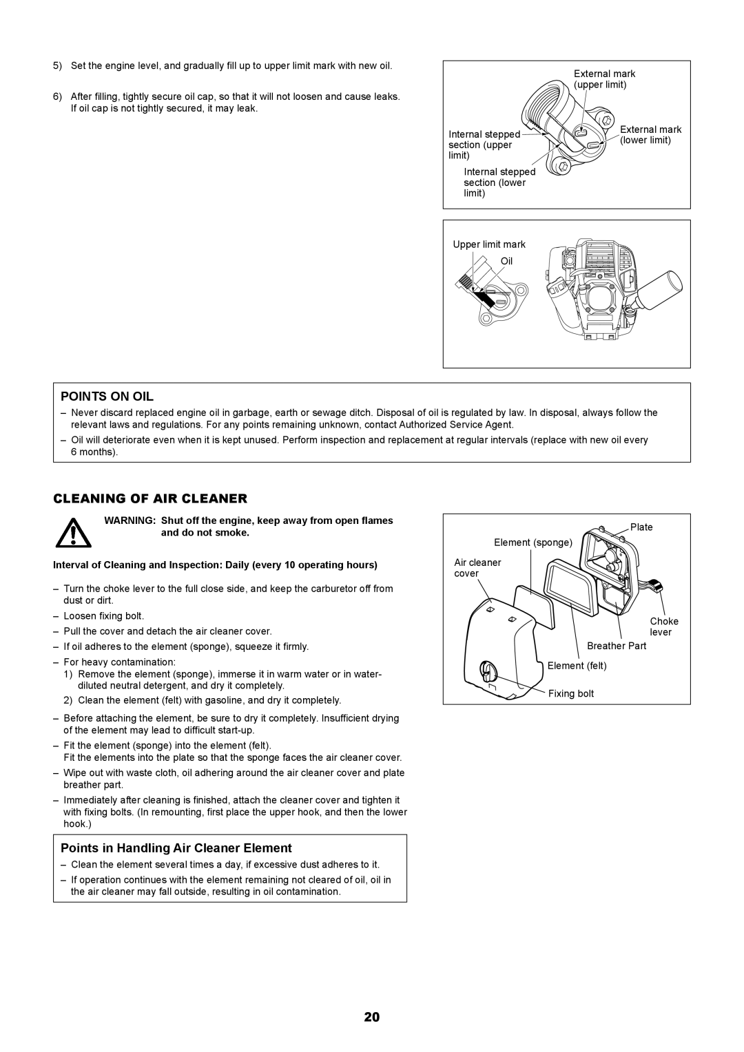 Makita EM2650LH, EM2650UH manual Points on OIL, Cleaning of AIR Cleaner, Points in Handling Air Cleaner Element 