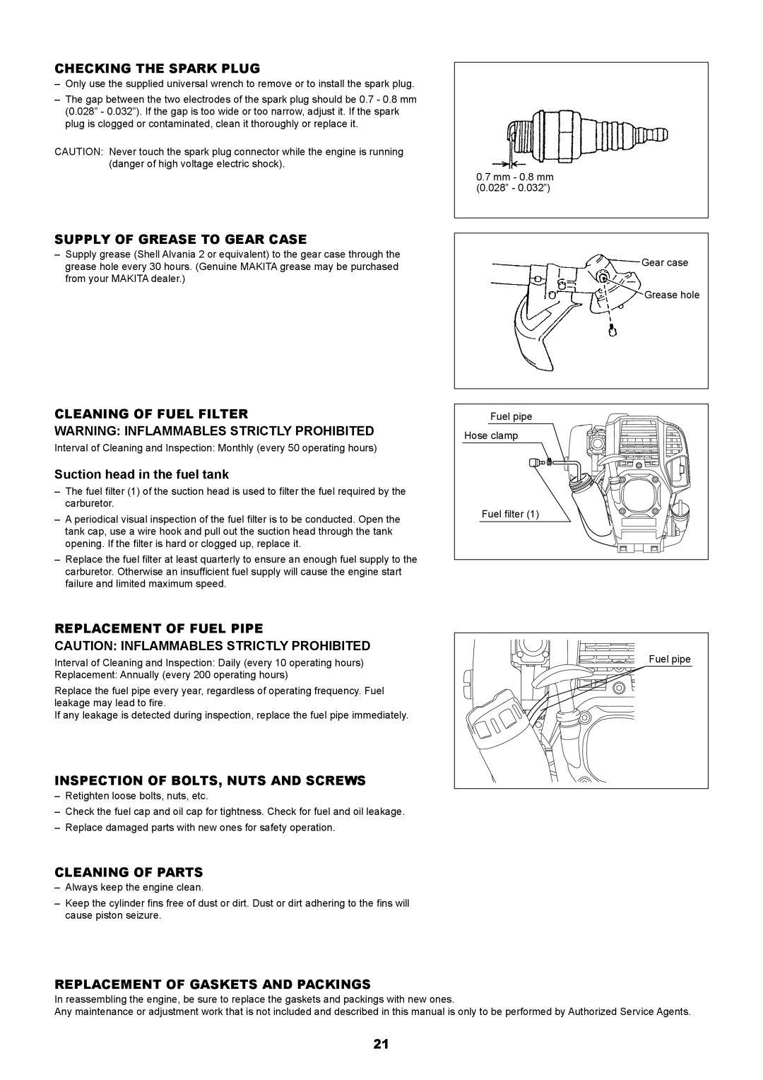 Makita EM2650UH Checking the Spark Plug, Supply of Grease to Gear Case, Cleaning of Fuel Filter, Replacement of Fuel Pipe 