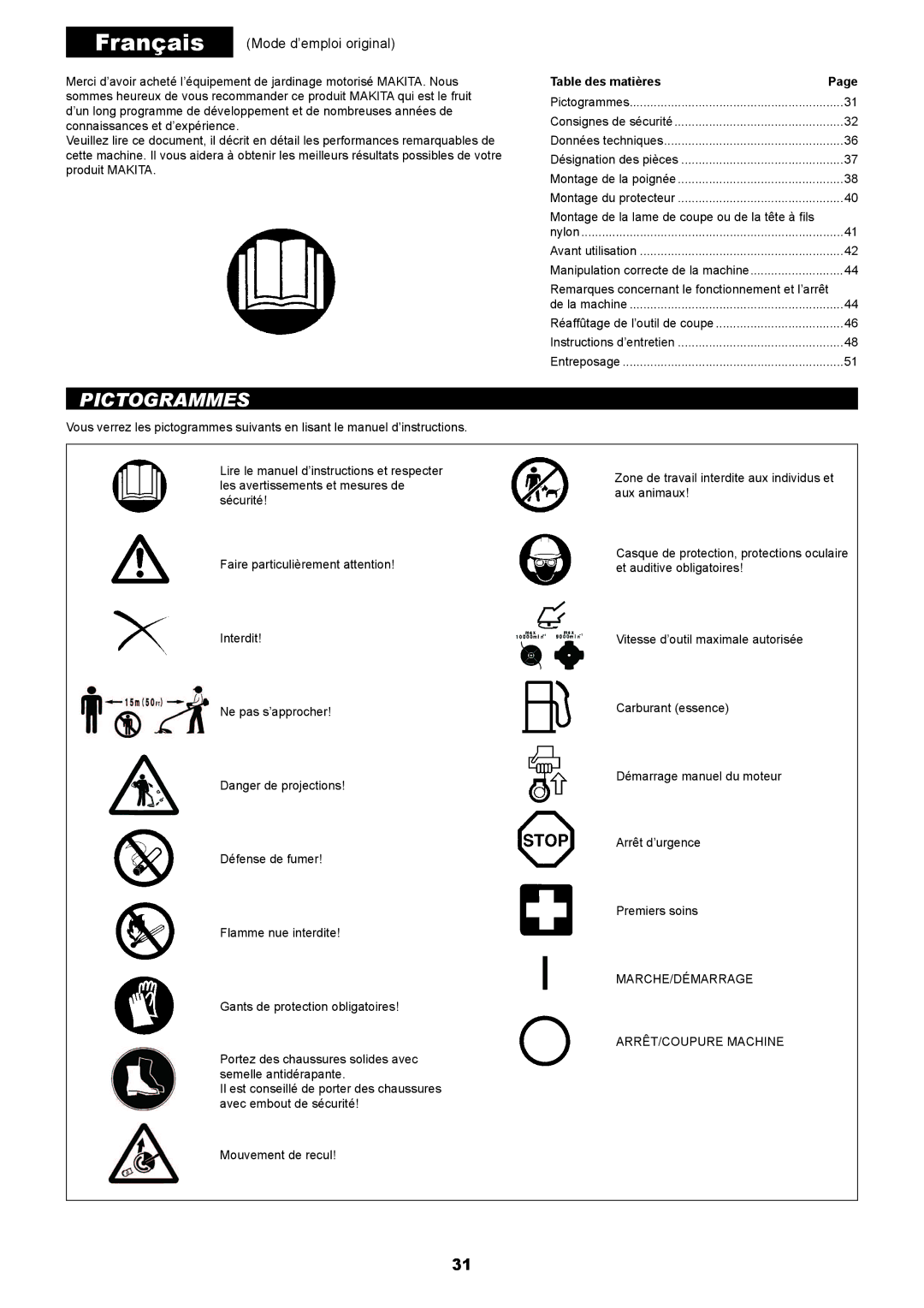 Makita EM2650UH, EM2650LH manual Pictogrammes, Table des matières 