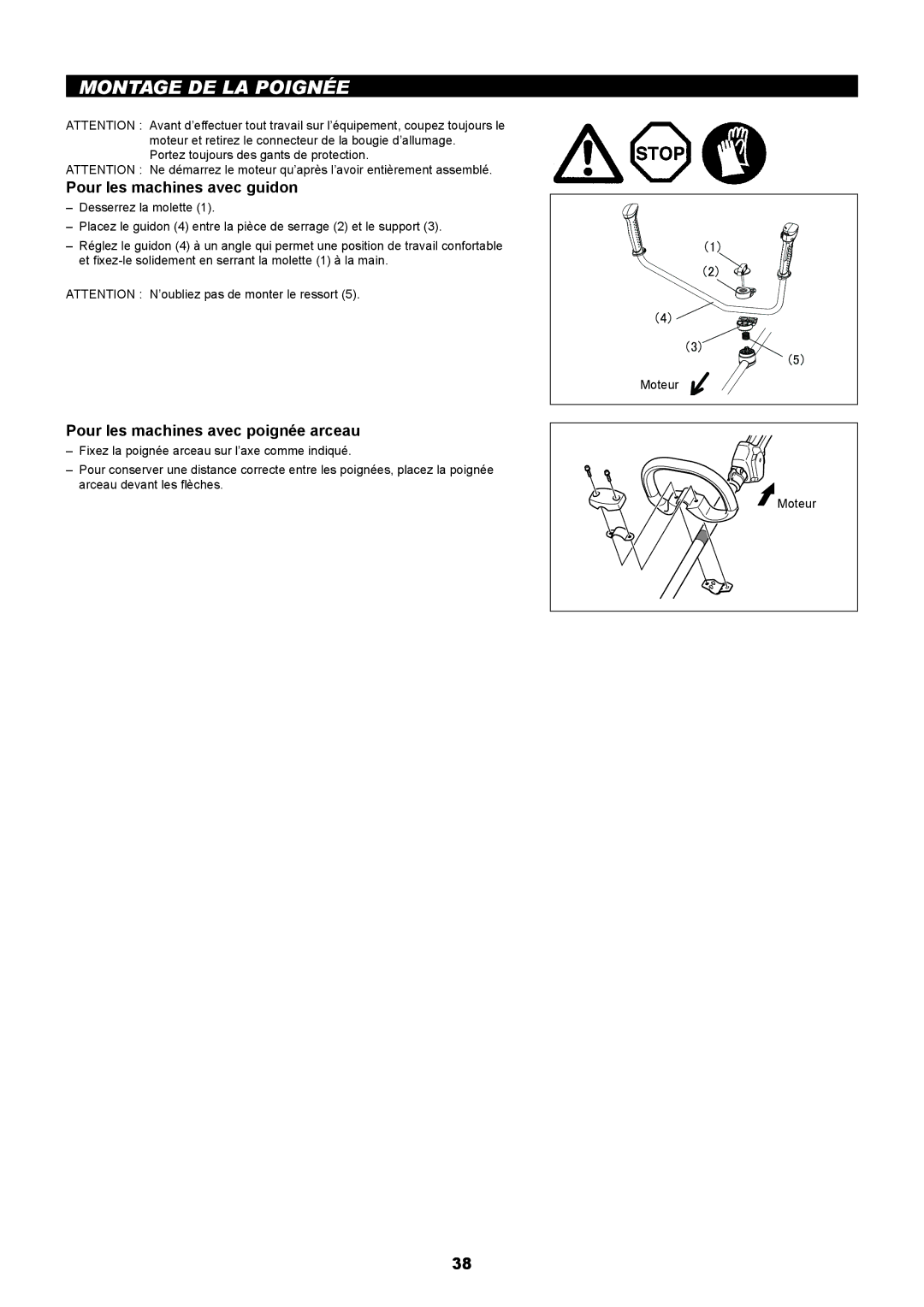 Makita EM2650LH, EM2650UH manual Montage DE LA Poignée, Pour les machines avec guidon, Pour les machines avec poignée arceau 