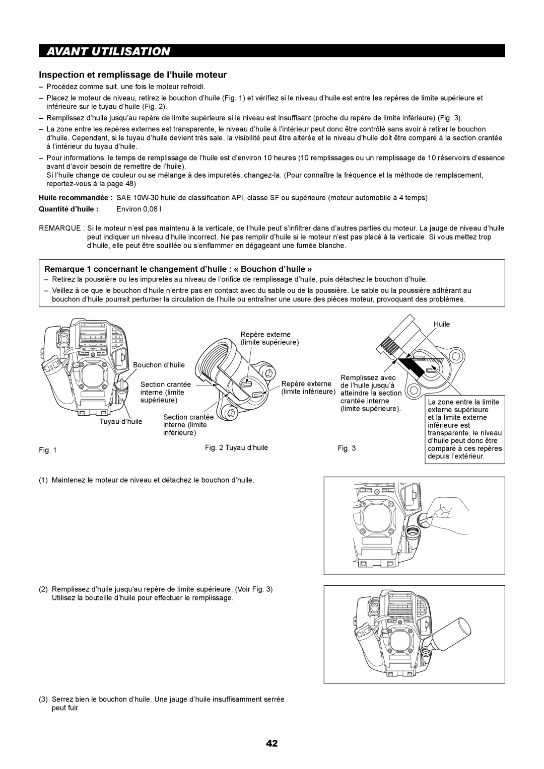 Makita EM2650LH, EM2650UH Avant Utilisation, Inspection et remplissage de l’huile moteur, Quantité d’huile Environ 0,08 l 