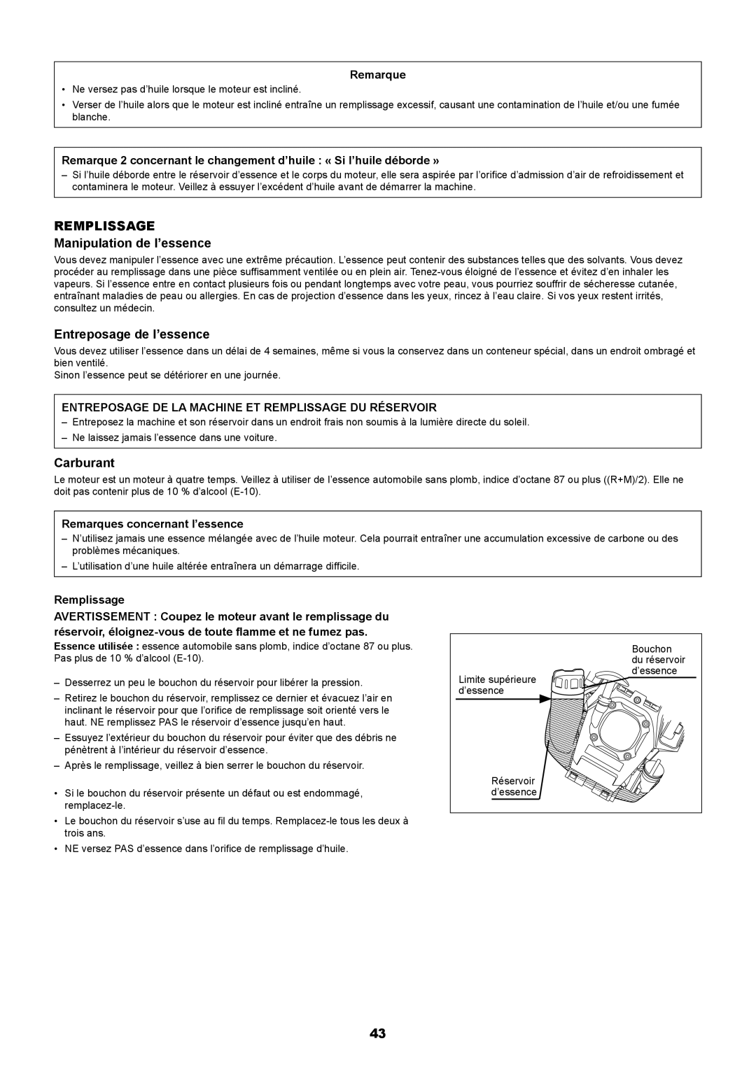 Makita EM2650UH, EM2650LH manual Remplissage, Manipulation de l’essence, Entreposage de l’essence, Carburant 