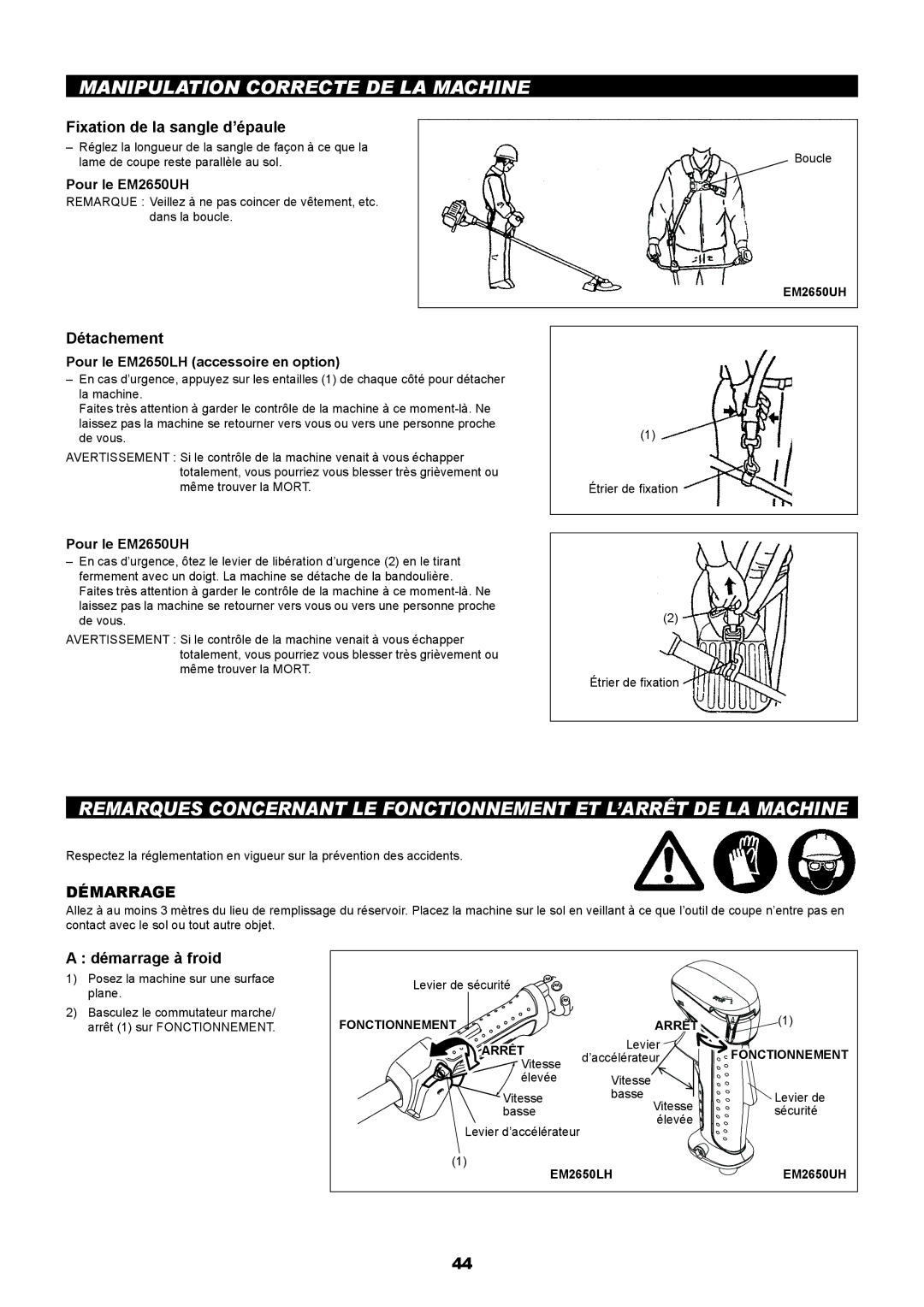 Makita EM2650LH, EM2650UH manual Manipulation Correcte DE LA Machine, Fixation de la sangle d’épaule, Détachement, Démarrage 