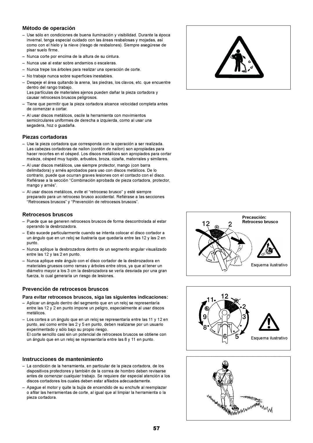 Makita EM2650UH, EM2650LH Método de operación, Piezas cortadoras, Retrocesos bruscos, Prevención de retrocesos bruscos 