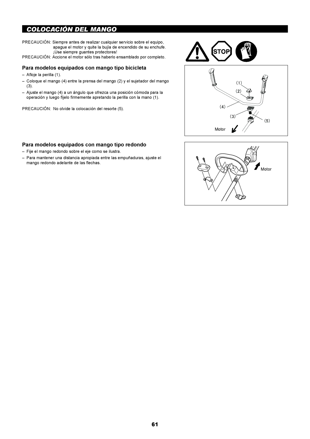 Makita EM2650UH, EM2650LH manual Colocación DEL Mango, Para modelos equipados con mango tipo bicicleta 