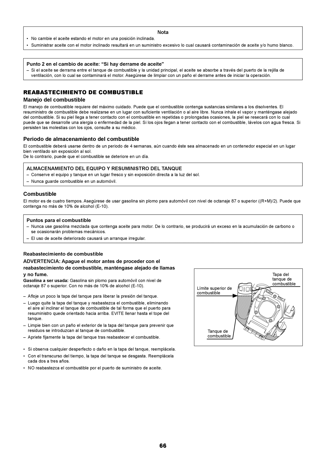 Makita EM2650LH manual Reabastecimiento DE Combustible, Manejo del combustible, Periodo de almacenamiento del combustible 