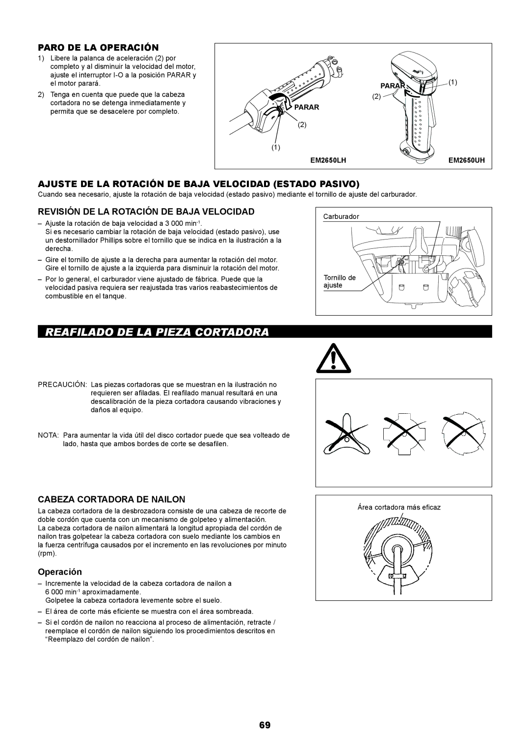 Makita EM2650UH, EM2650LH Reafilado DE LA Pieza Cortadora, Paro DE LA Operación, Revisión DE LA Rotación DE Baja Velocidad 