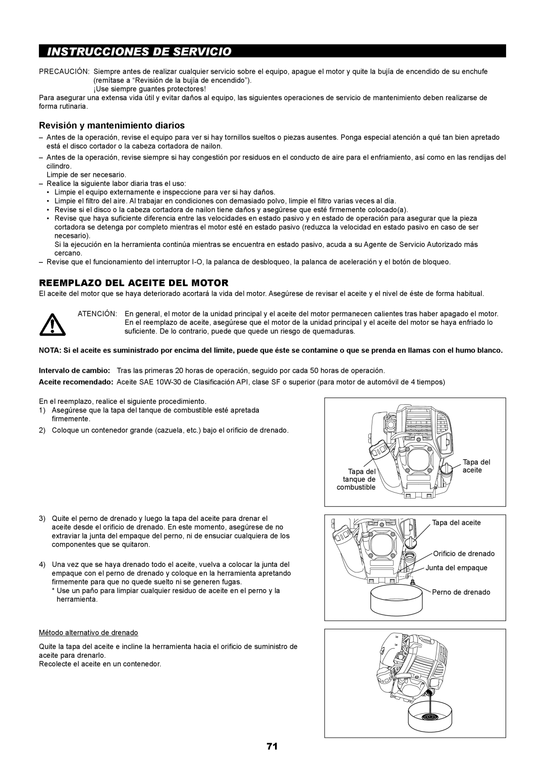 Makita EM2650UH, EM2650LH manual Instrucciones DE Servicio, Revisión y mantenimiento diarios, Reemplazo DEL Aceite DEL Motor 