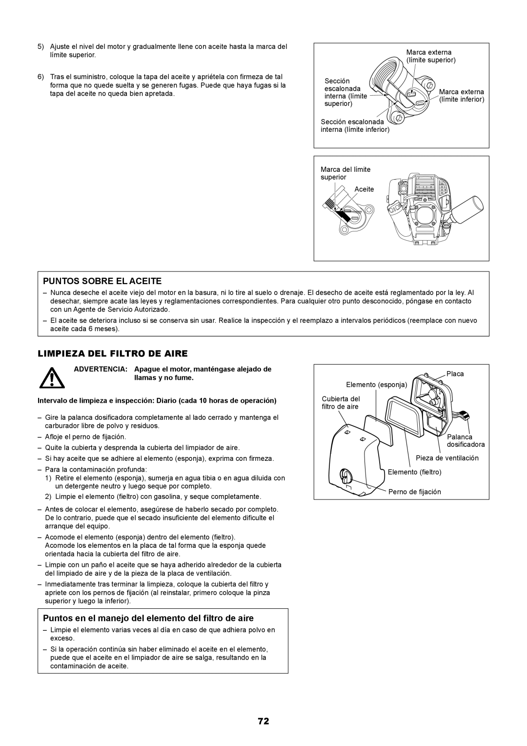 Makita EM2650LH Puntos Sobre EL Aceite, Limpieza DEL Filtro DE Aire, Puntos en el manejo del elemento del ﬁltro de aire 