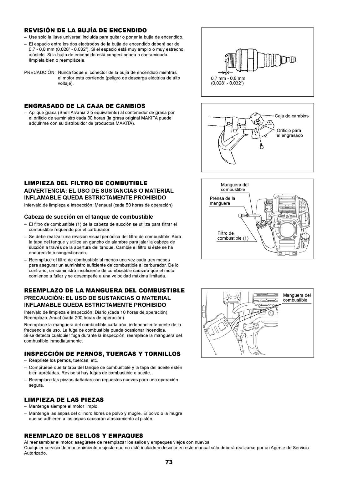 Makita EM2650UH, EM2650LH manual Revisión DE LA Bujía DE Encendido, Engrasado DE LA Caja DE Cambios, Limpieza DE LAS Piezas 