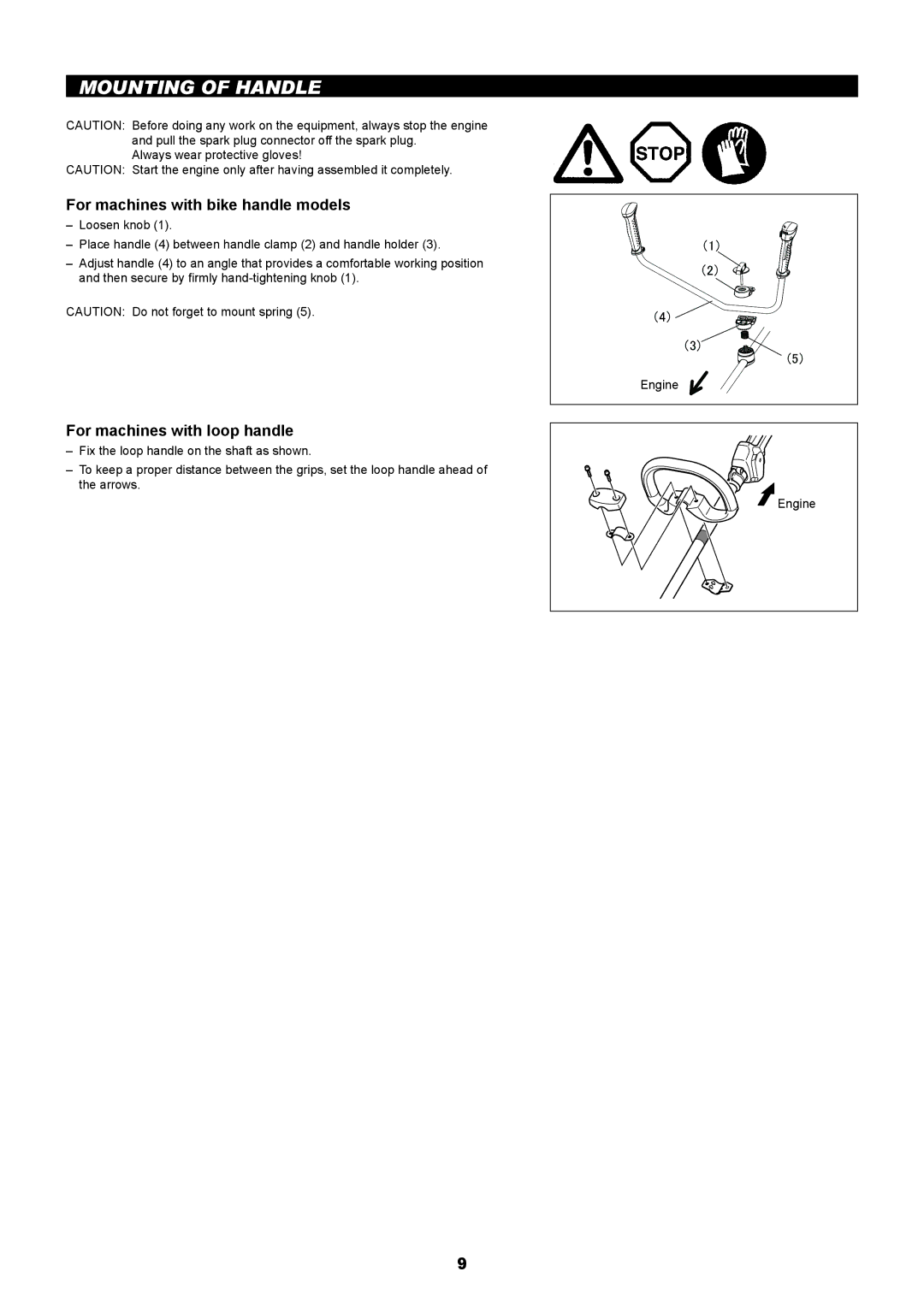 Makita EM2650UH, EM2650LH manual Mounting of Handle, For machines with bike handle models, For machines with loop handle 