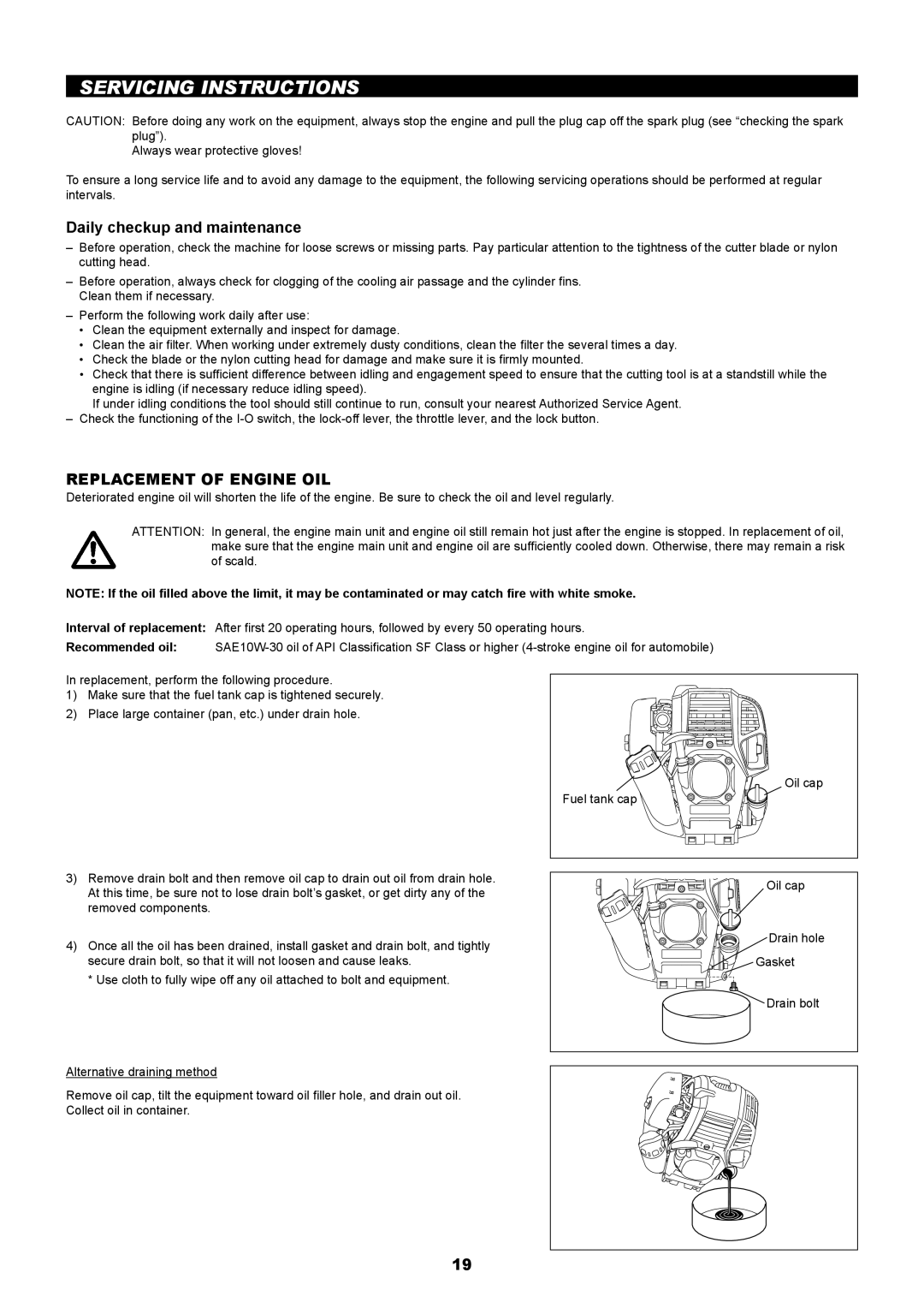 Makita EM2650UH, EM2650LH manual Servicing Instructions, Daily checkup and maintenance, Replacement Of Engine Oil 