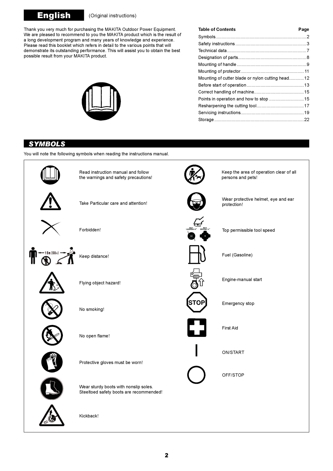 Makita EM2650LH, EM2650UH manual Symbols, English Original instructions, Table of Contents 