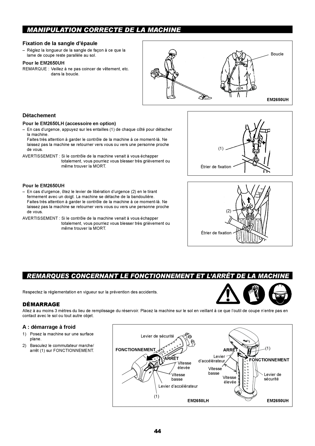 Makita EM2650LH manual Manipulation Correcte De La Machine, Remarques Concernant Le Fonctionnement Et L’Arrêt De La Machine 