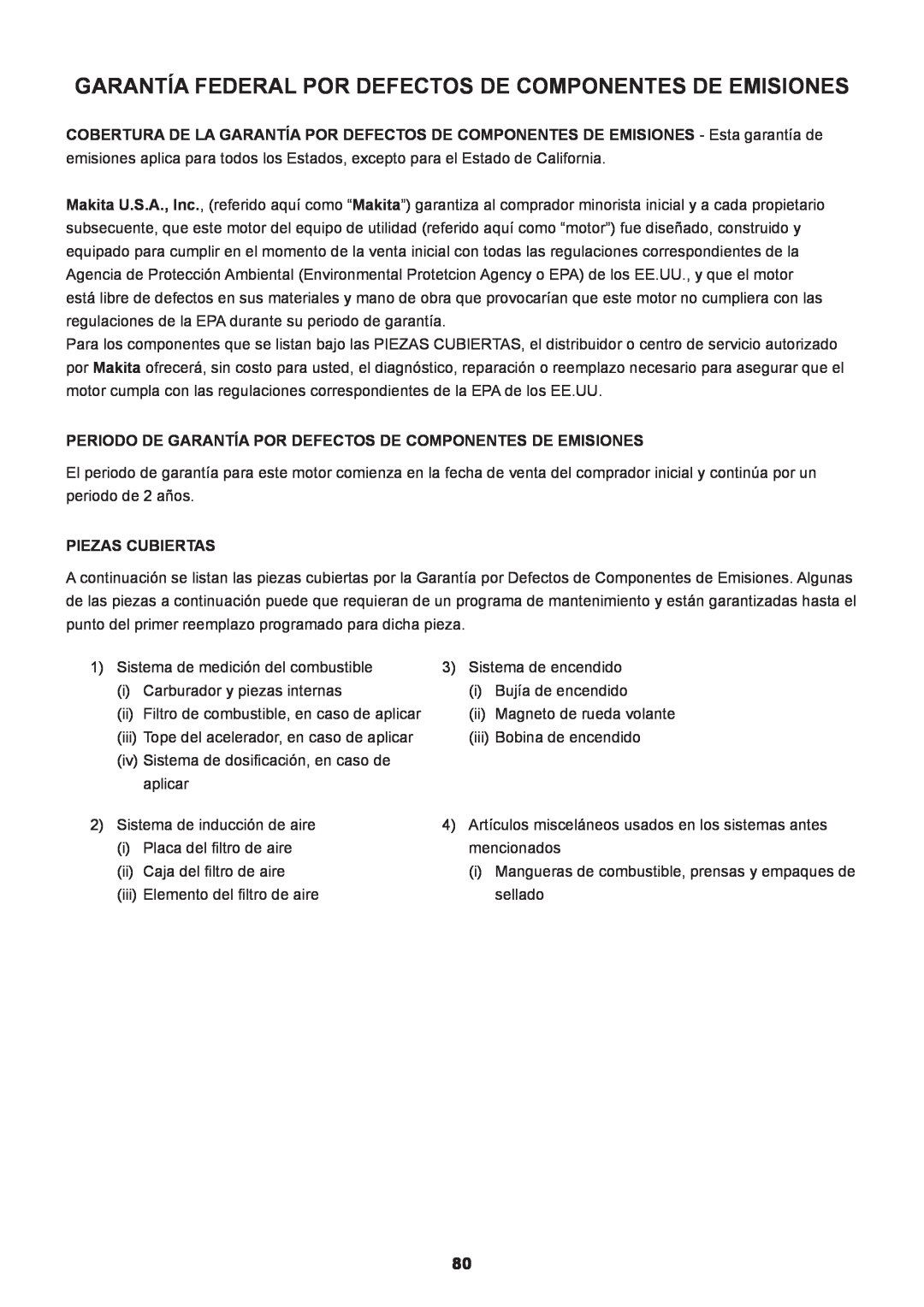 Makita EM2650LH, EM2650UH manual Garantía Federal Por Defectos De Componentes De Emisiones, Piezas Cubiertas 