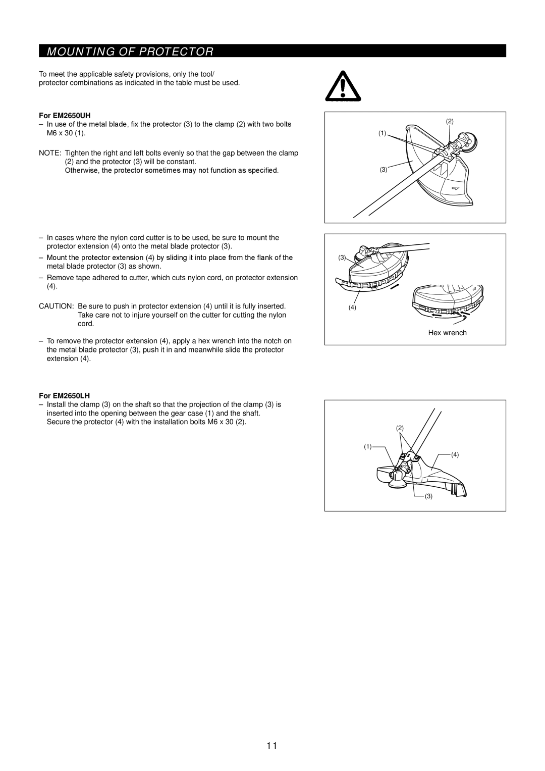 Makita EM2650UH/Em2650LH manual Mounting of Protector, For EM2650UH, For EM2650LH 