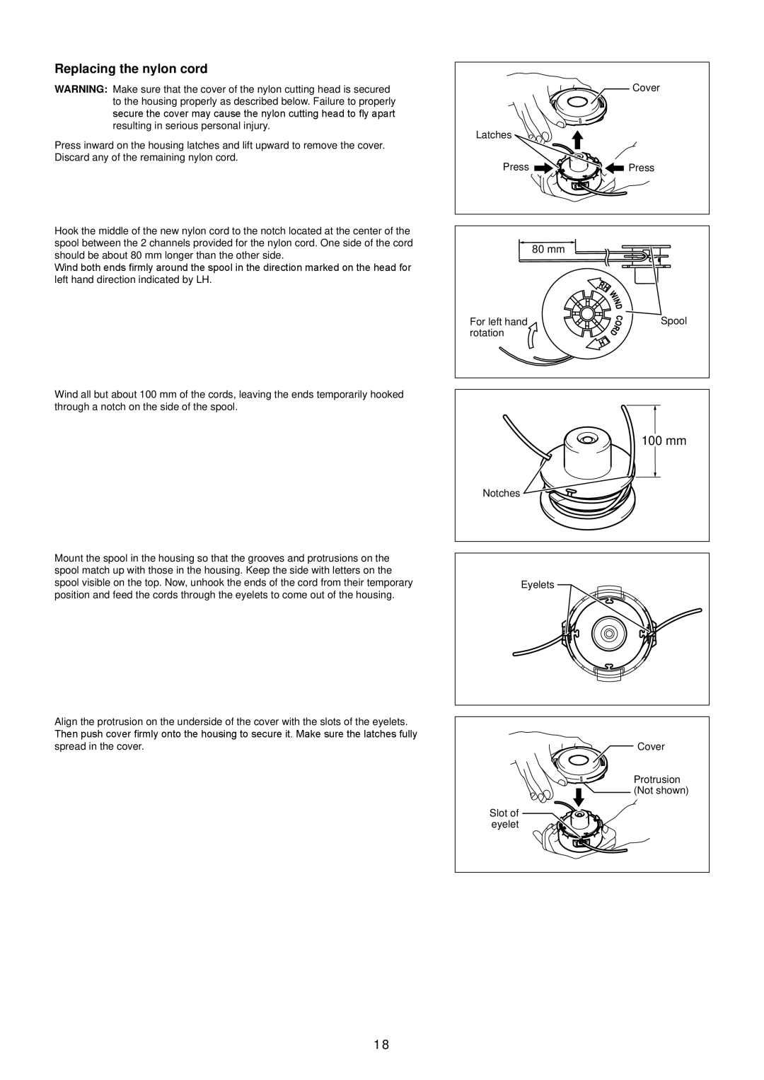 Makita EM2650UH/Em2650LH manual Replacing the nylon cord, 100 mm 