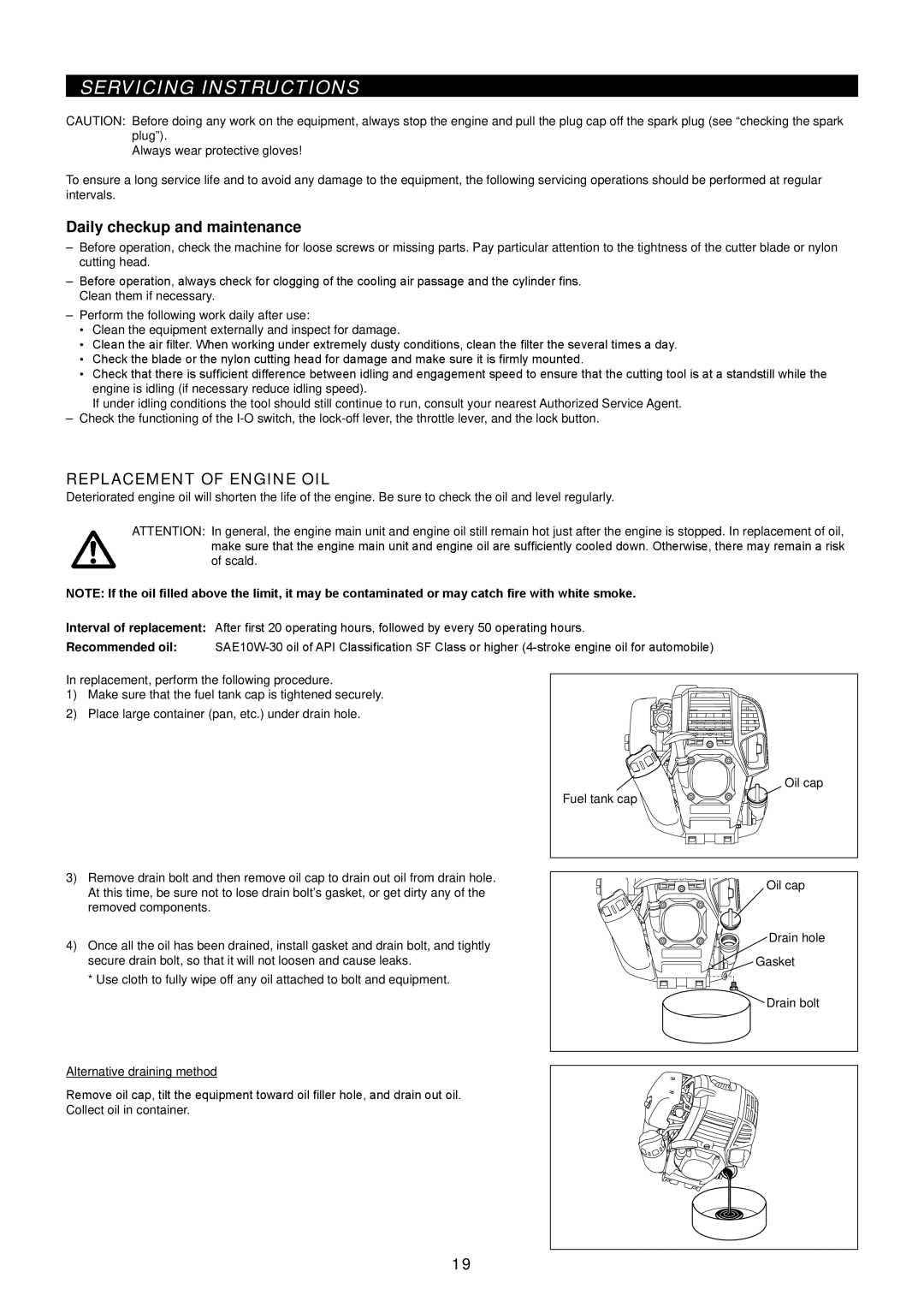 Makita EM2650UH/Em2650LH manual Servicing Instructions, Daily checkup and maintenance, Replacement of Engine OIL 