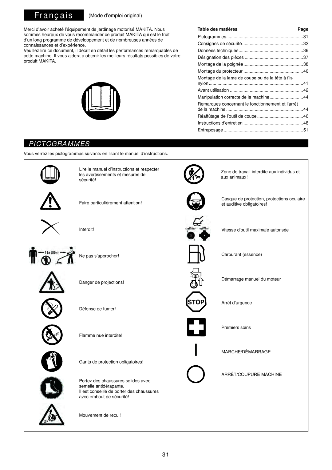 Makita EM2650UH/Em2650LH manual Pictogrammes, Table des matières 