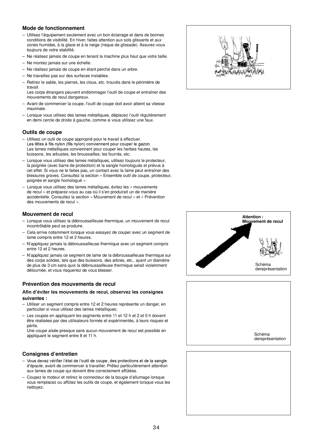 Makita EM2650UH/Em2650LH Mode de fonctionnement, Outils de coupe, Mouvement de recul, Prévention des mouvements de recul 