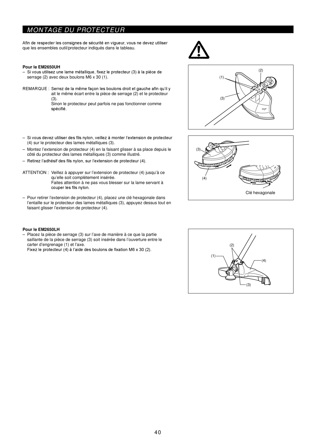 Makita EM2650UH/Em2650LH manual Montage DU Protecteur, Pour le EM2650UH, Pour le EM2650LH 