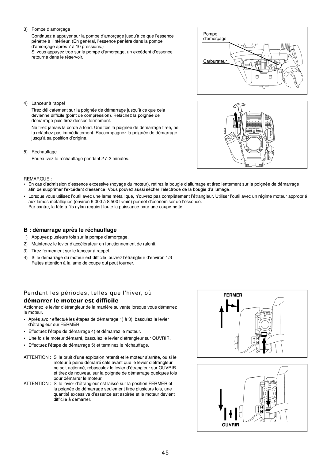 Makita EM2650UH/Em2650LH manual Démarrage après le réchauffage, Remarque 