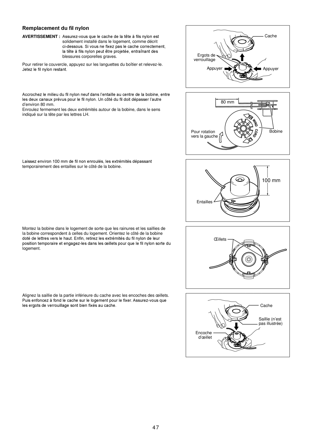 Makita EM2650UH/Em2650LH manual Remplacement du fil nylon 