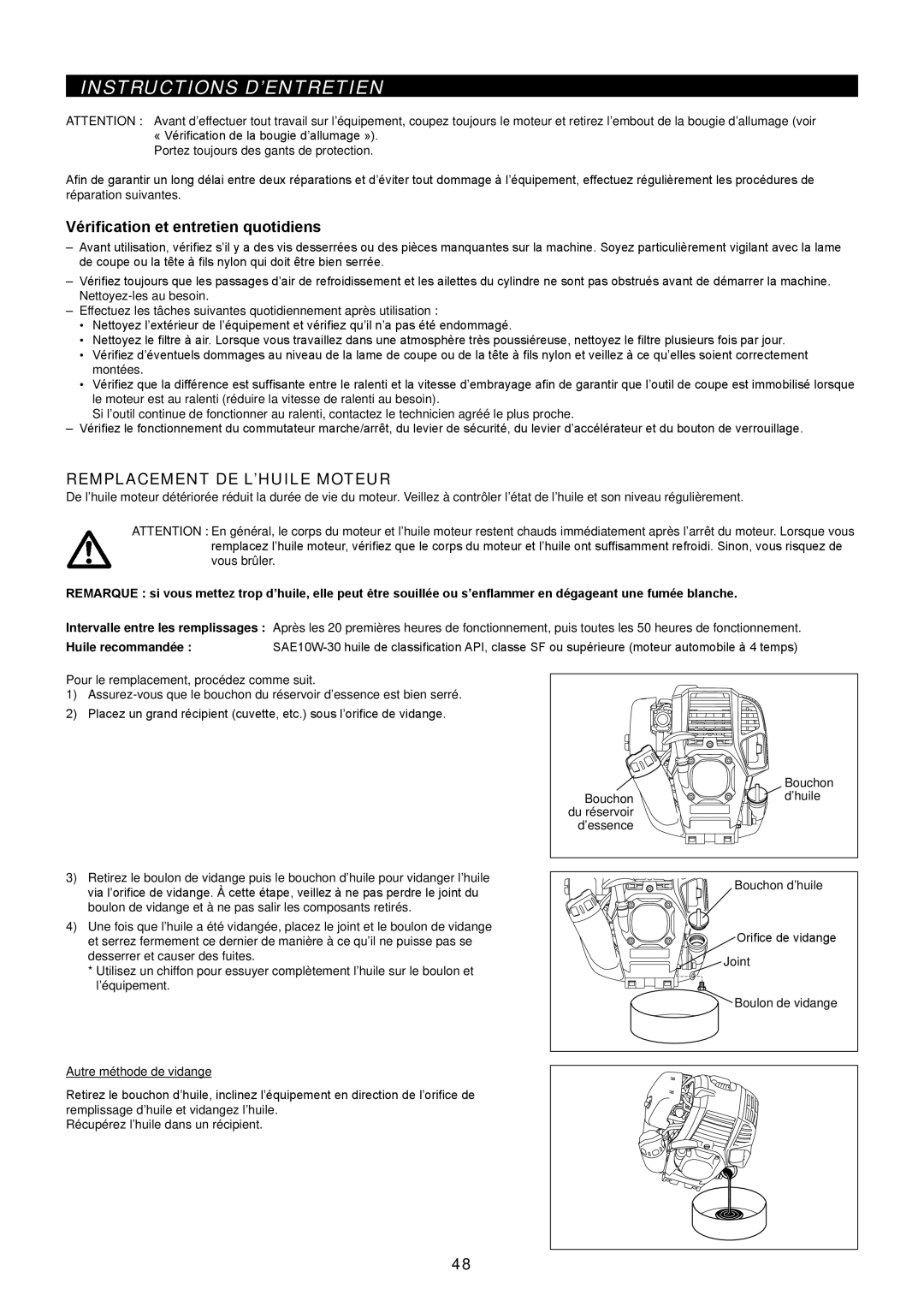 Makita EM2650UH/Em2650LH Instructions D’ENTRETIEN, Vérification et entretien quotidiens, Remplacement DE L’HUILE Moteur 