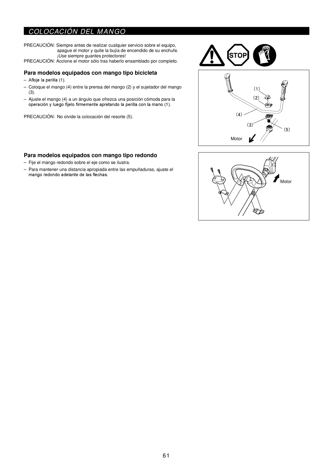 Makita EM2650UH/Em2650LH manual Colocación DEL Mango, Para modelos equipados con mango tipo bicicleta 