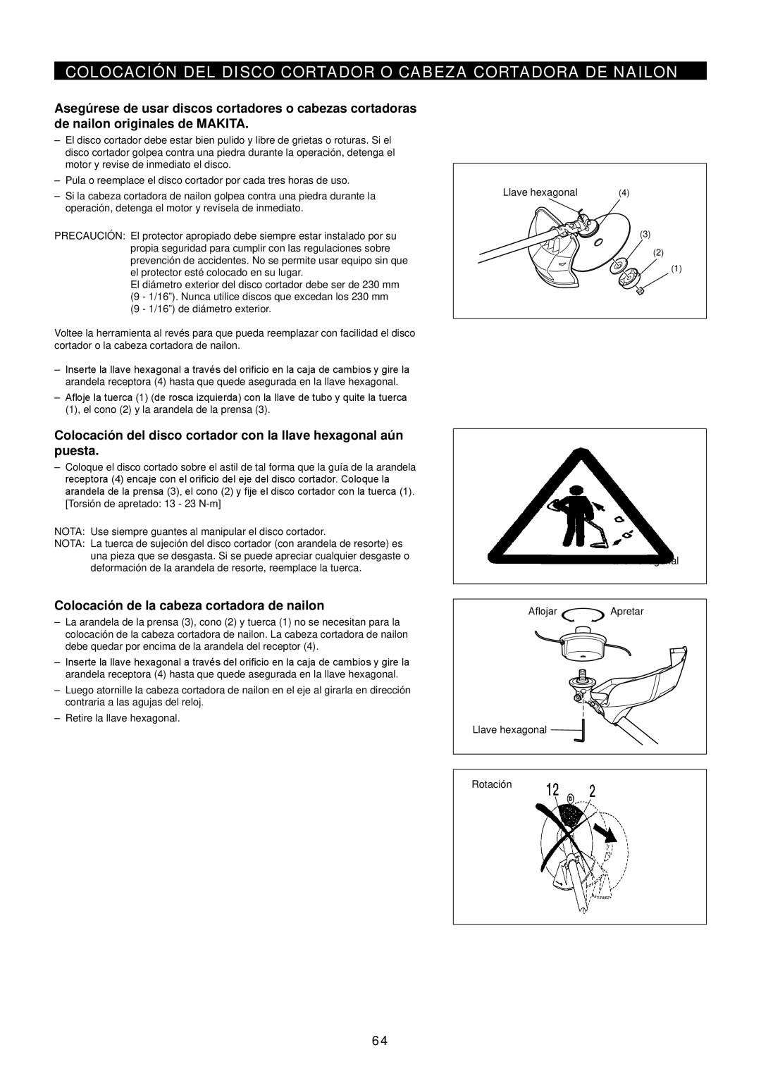 Makita EM2650UH/Em2650LH manual Colocación DEL Disco Cortador O Cabeza Cortadora DE Nailon 