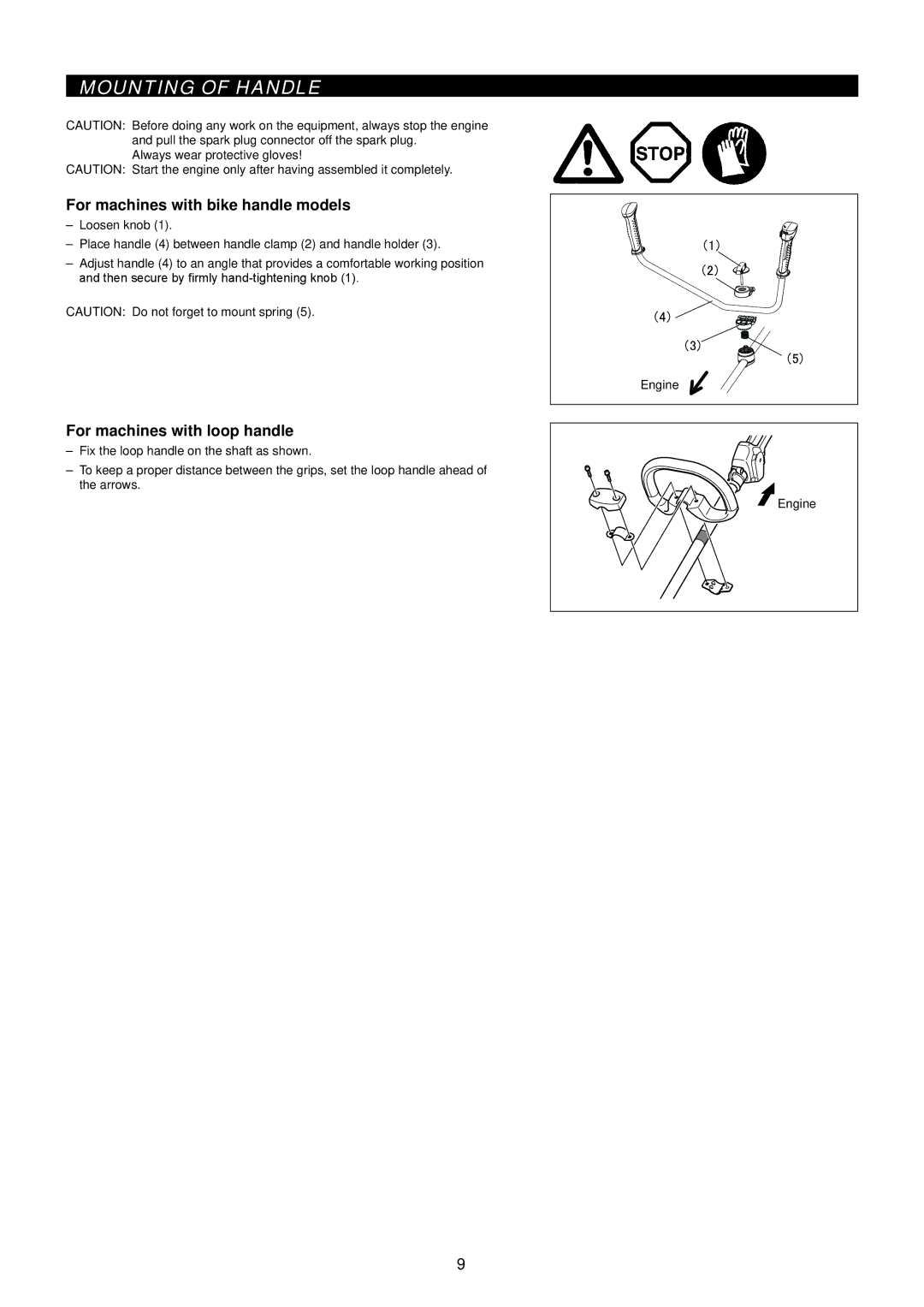 Makita EM2650UH/Em2650LH manual Mounting of Handle, For machines with bike handle models, For machines with loop handle 