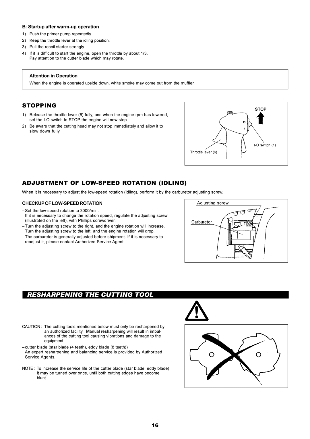 Makita EM4250, EM5250CA instruction manual Resharpening the Cutting Tool, Stopping, Adjustment of LOW-SPEED Rotation Idling 