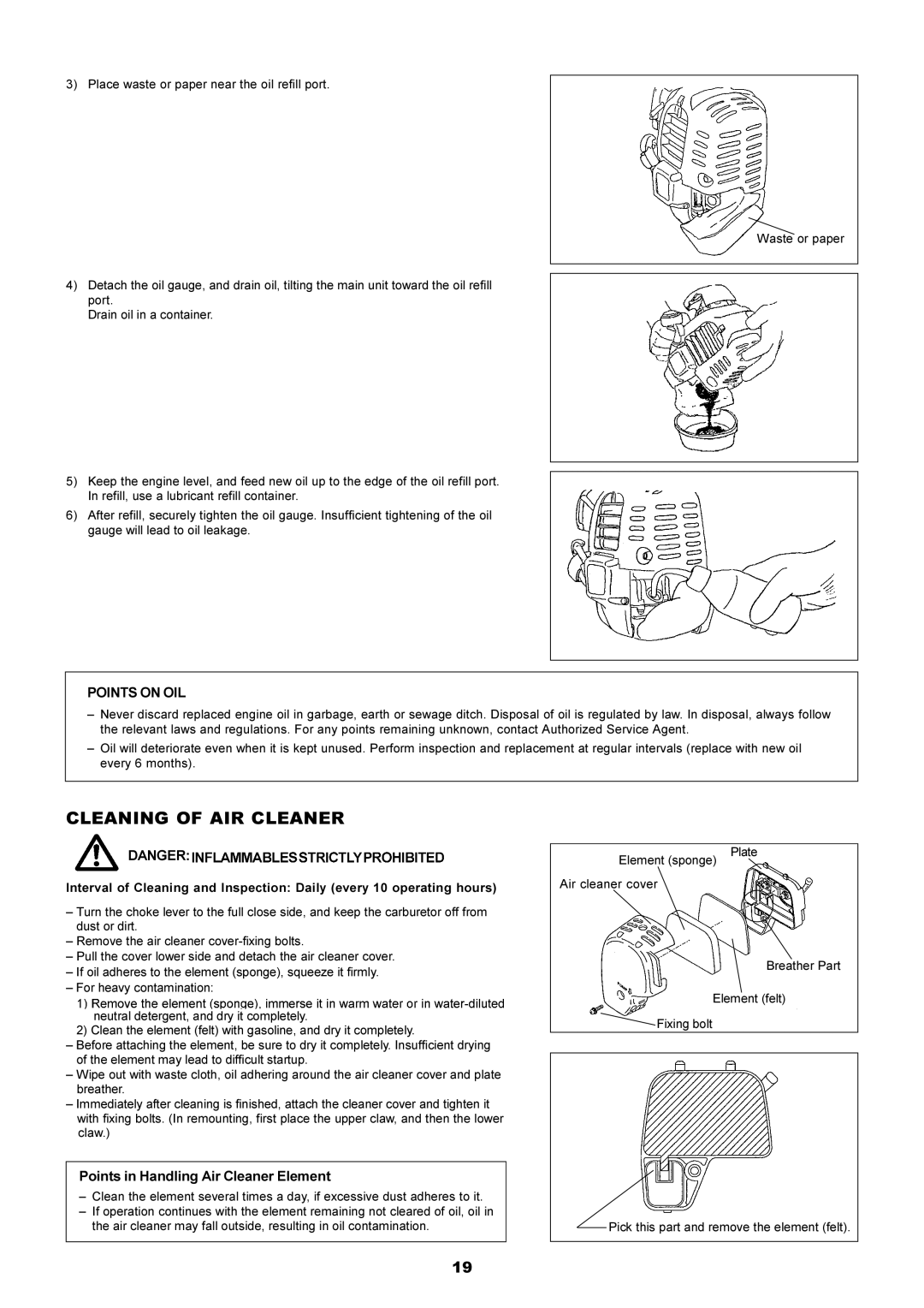 Makita EM5250CA, EM4250 instruction manual Cleaning of AIR Cleaner, Points on OIL, Points in Handling Air Cleaner Element 