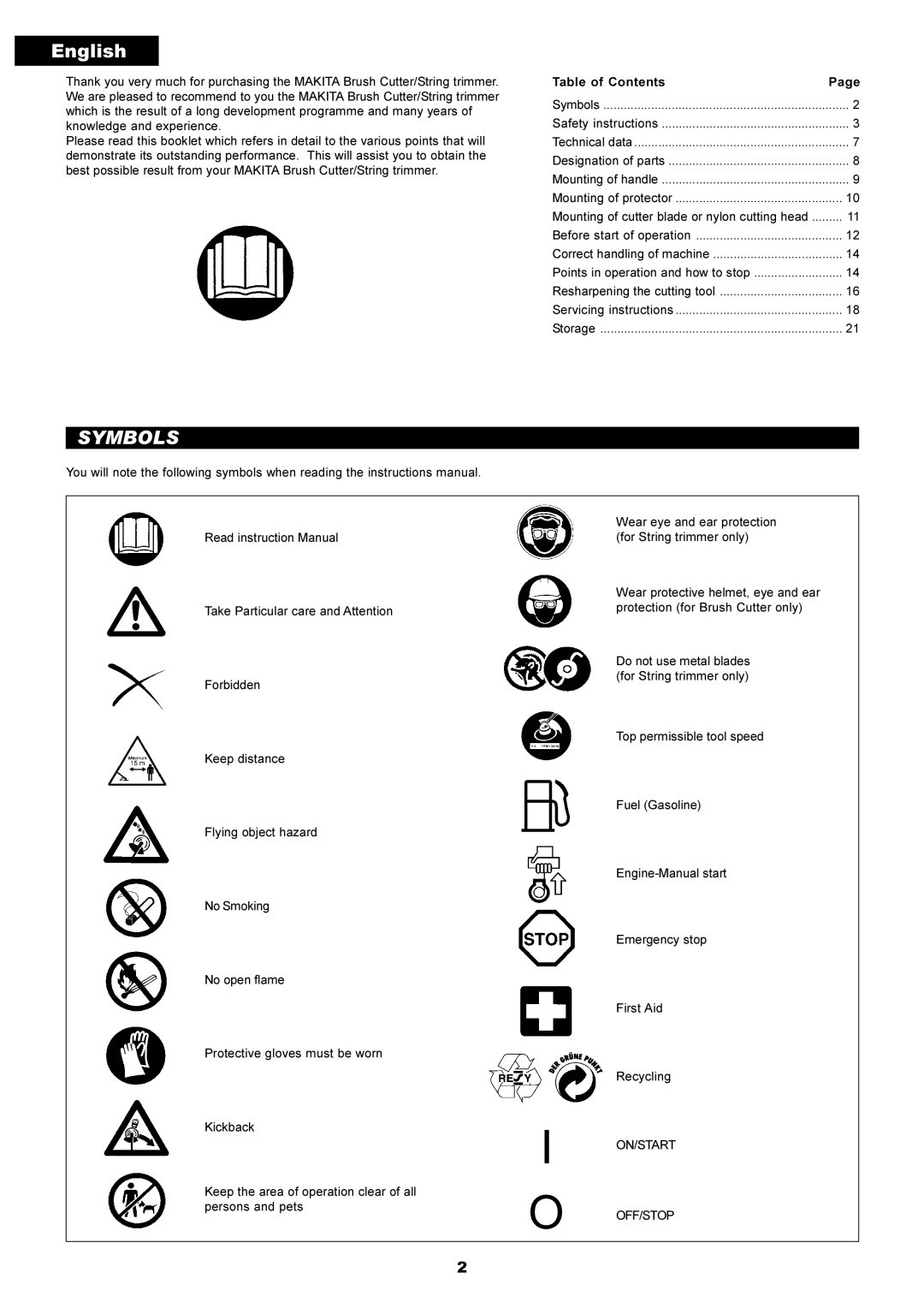 Makita EM4250, EM5250CA instruction manual English, Symbols 