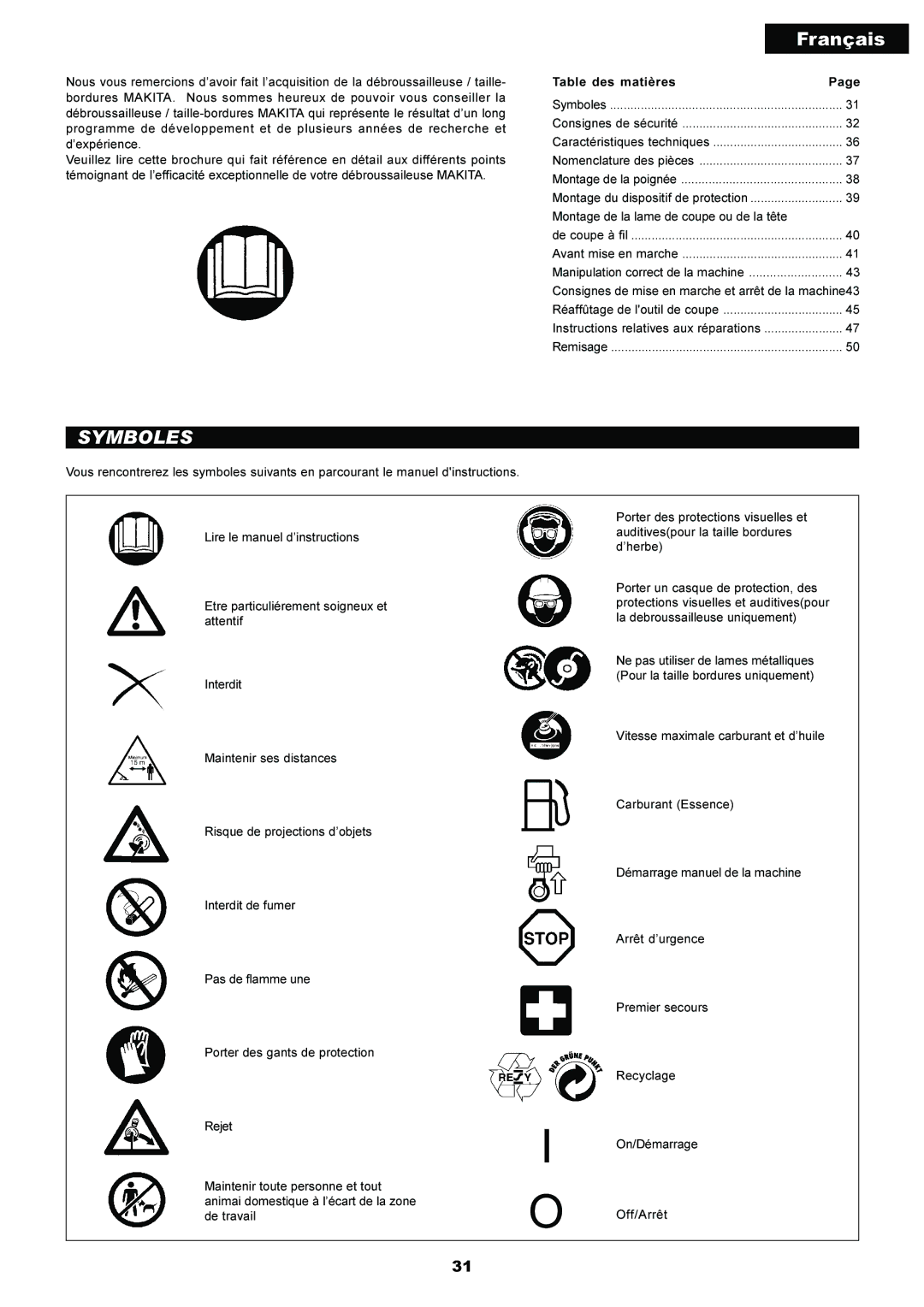 Makita EM5250CA, EM4250 instruction manual Français, Symboles 