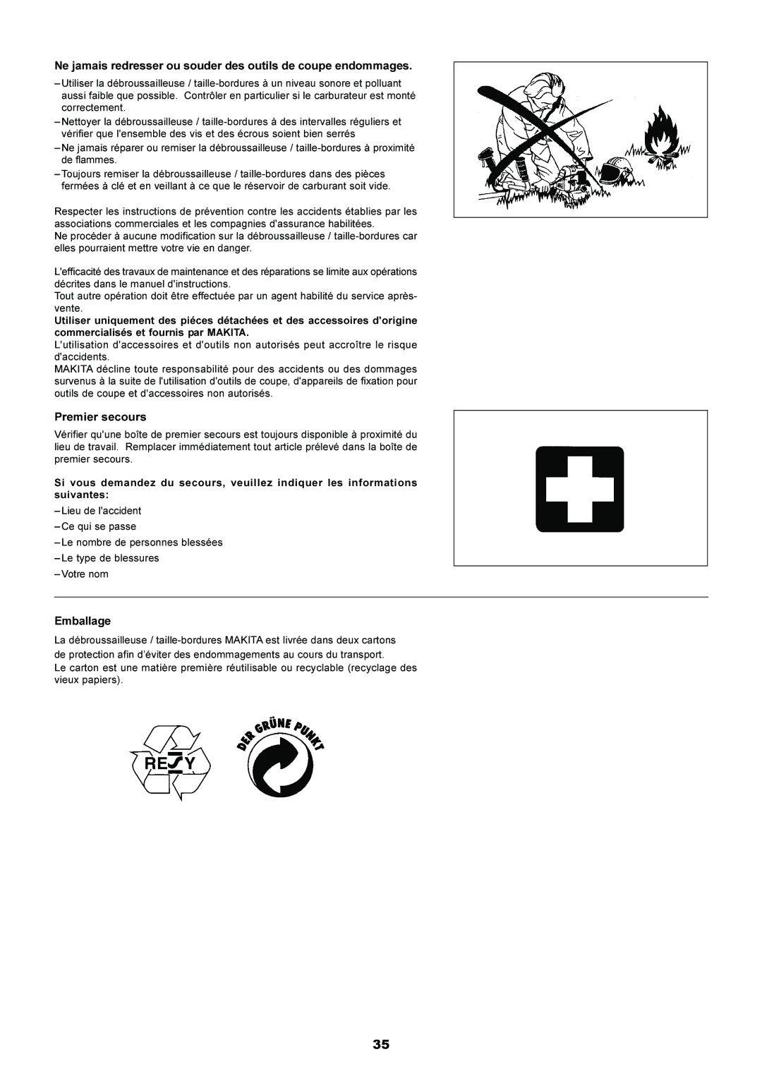 Makita EM5250CA, EM4250 instruction manual Premier secours, Emballage 