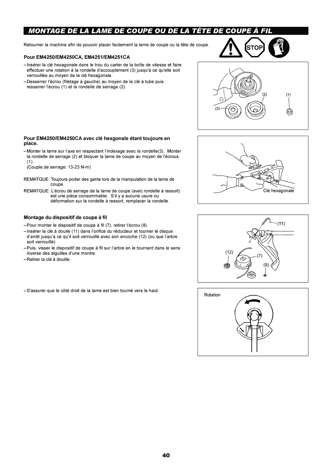 Makita EM4250, EM5250CA Montage DE LA Lame DE Coupe OU DE LA Téte DE Coupe À FIL, Montage du dispositif de coupe à fil 