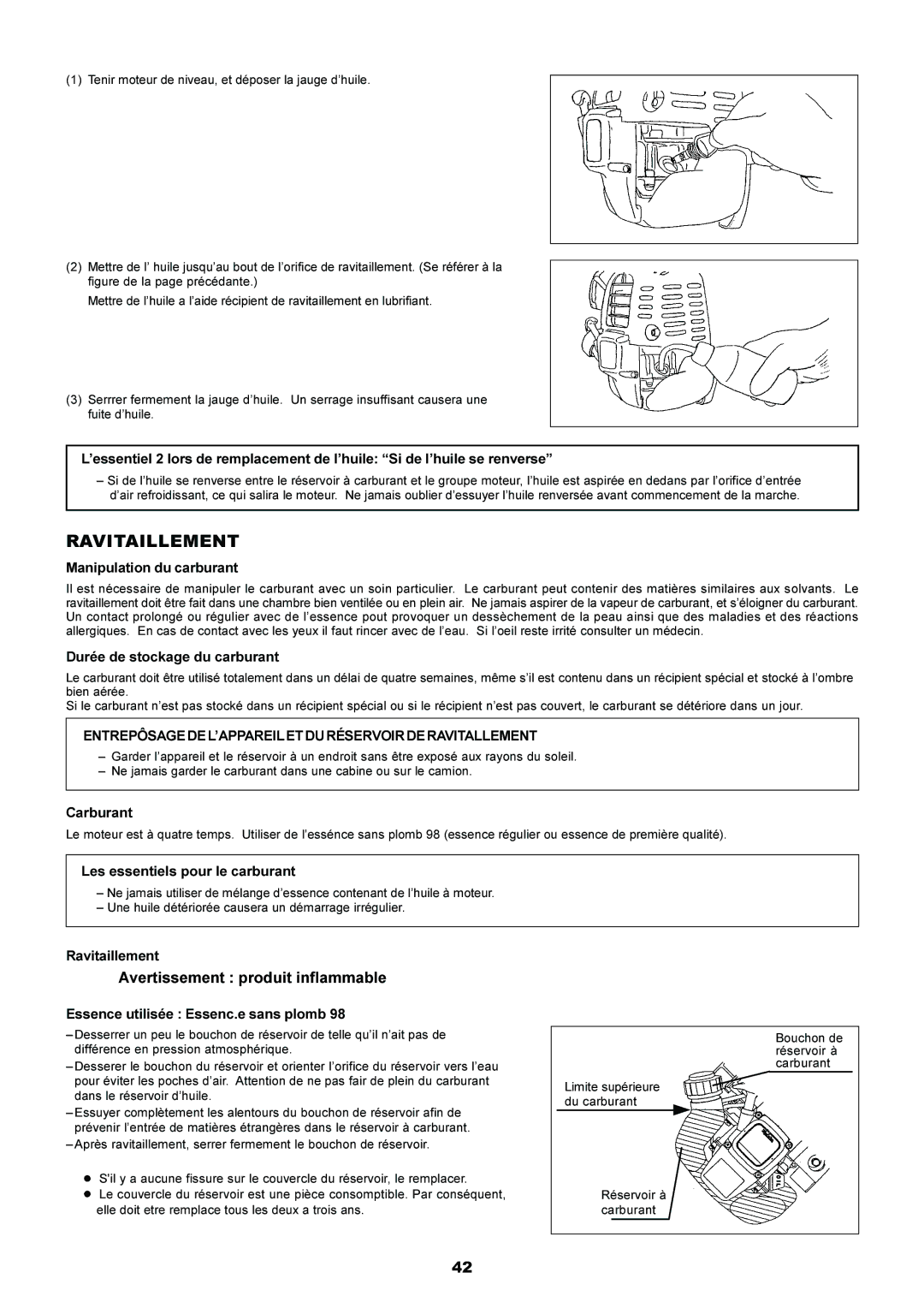 Makita EM4250, EM5250CA instruction manual Ravitaillement, Entrepôsagedel’Appareiletduréservoirderavitallement 