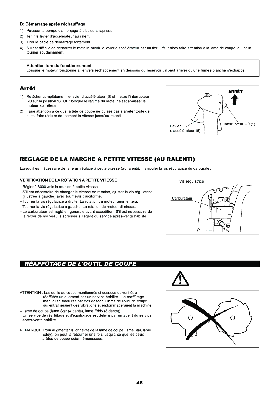 Makita EM5250CA, EM4250 instruction manual Réaffûtage DE Loutil DE Coupe, Reglage DE LA Marche a Petite Vitesse AU Ralenti 