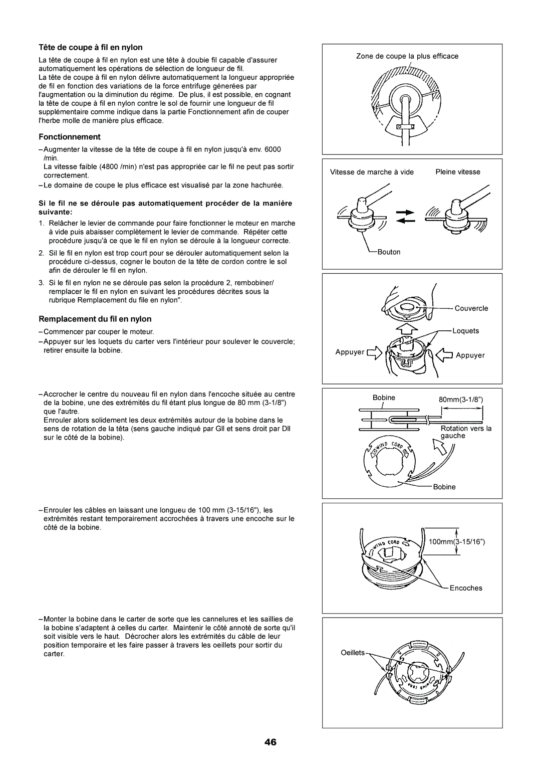 Makita EM4250, EM5250CA instruction manual Tête de coupe à fil en nylon, Fonctionnement, Remplacement du fil en nylon 