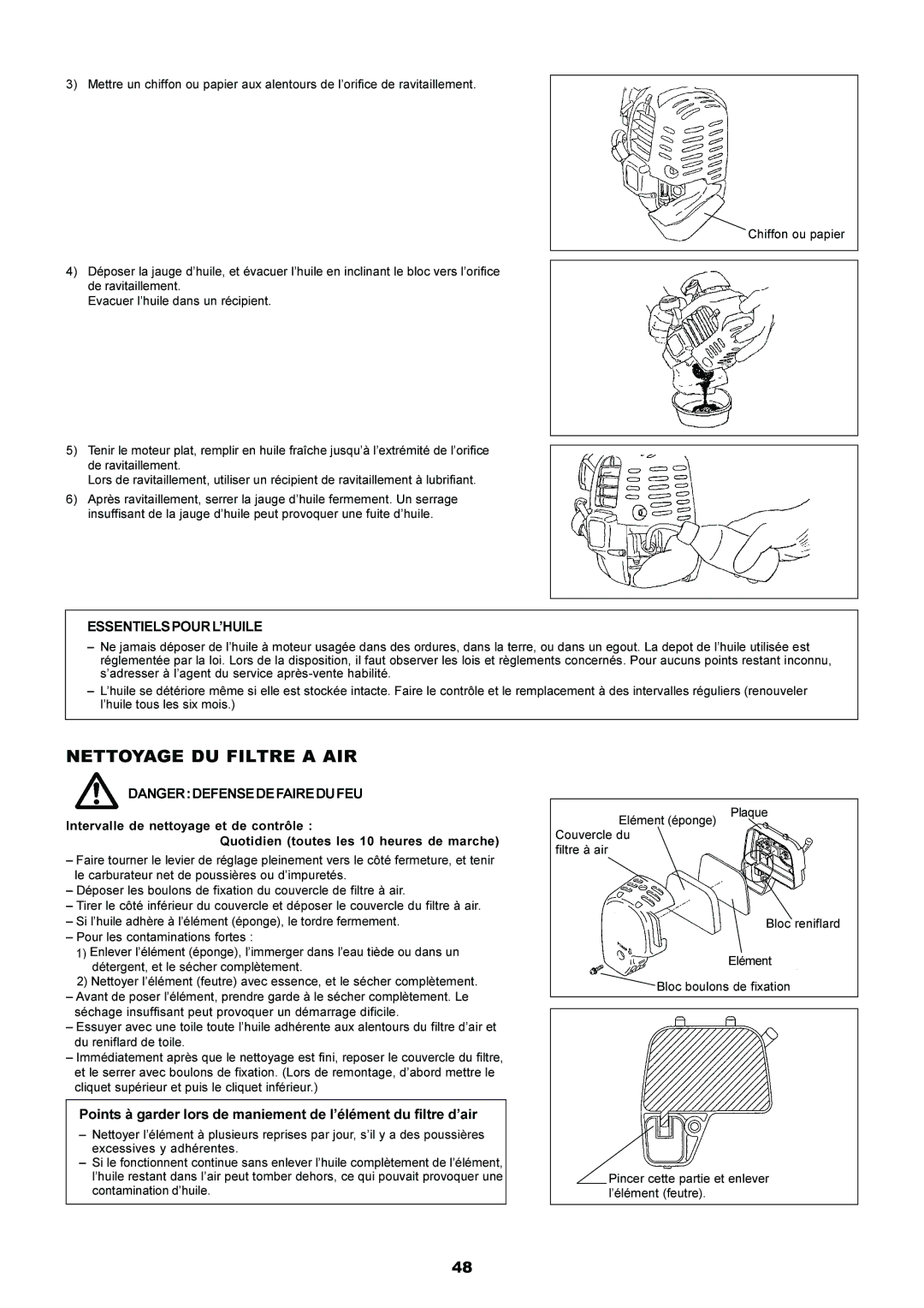 Makita EM4250, EM5250CA instruction manual Nettoyage DU Filtre a AIR, Essentielspourl’Huile 