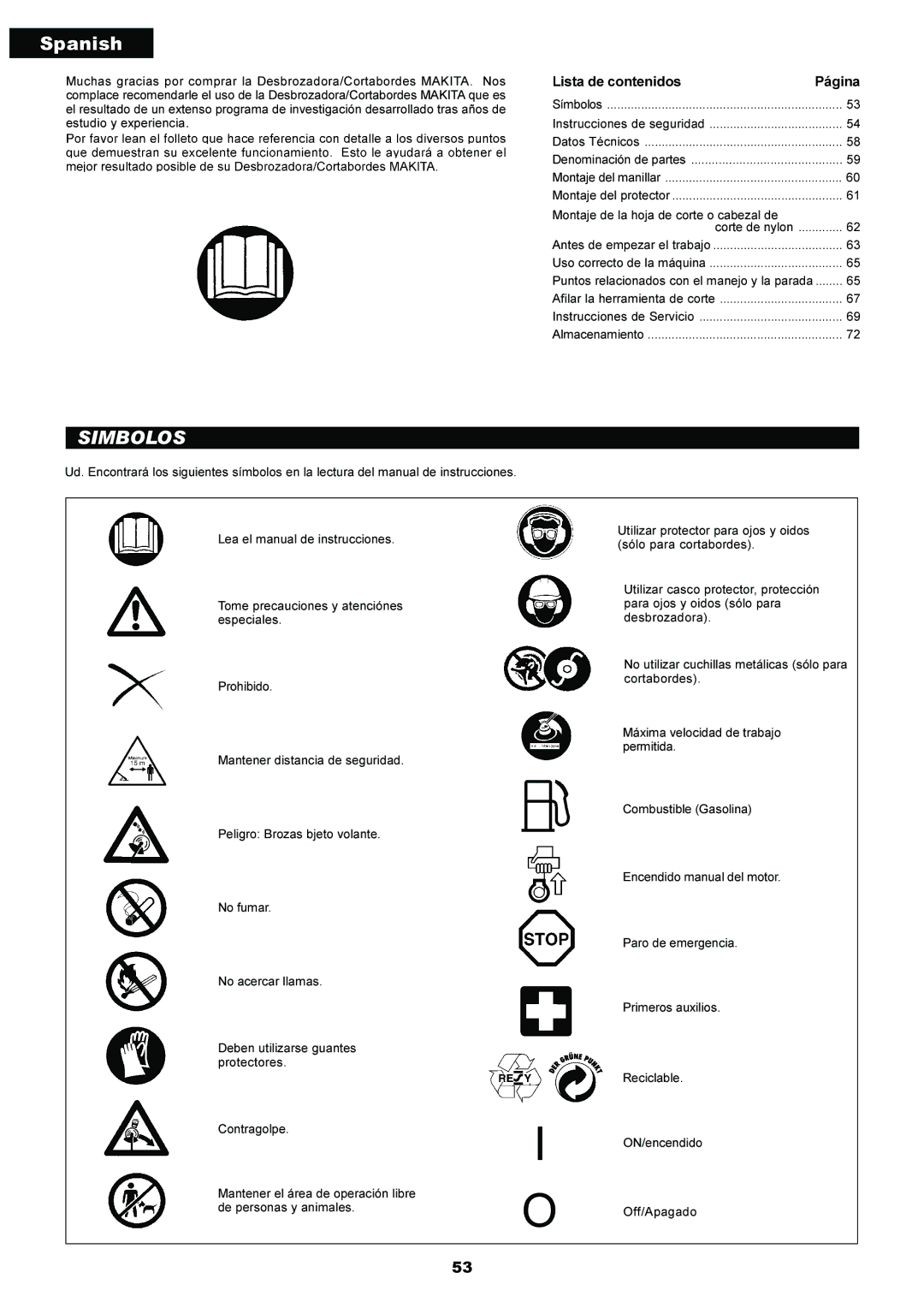 Makita EM5250CA, EM4250 instruction manual Simbolos, Lista de contenidos Página 