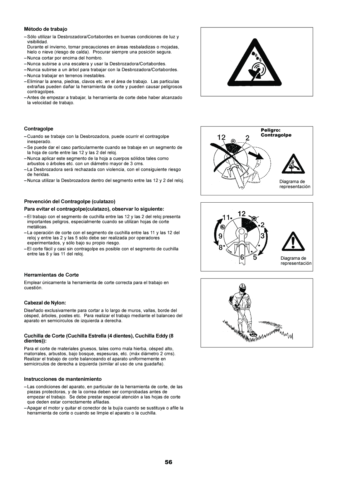 Makita EM4250 Método de trabajo, Contragolpe, Herramientas de Corte, Cabezal de Nylon, Instrucciones de mantenimiento 