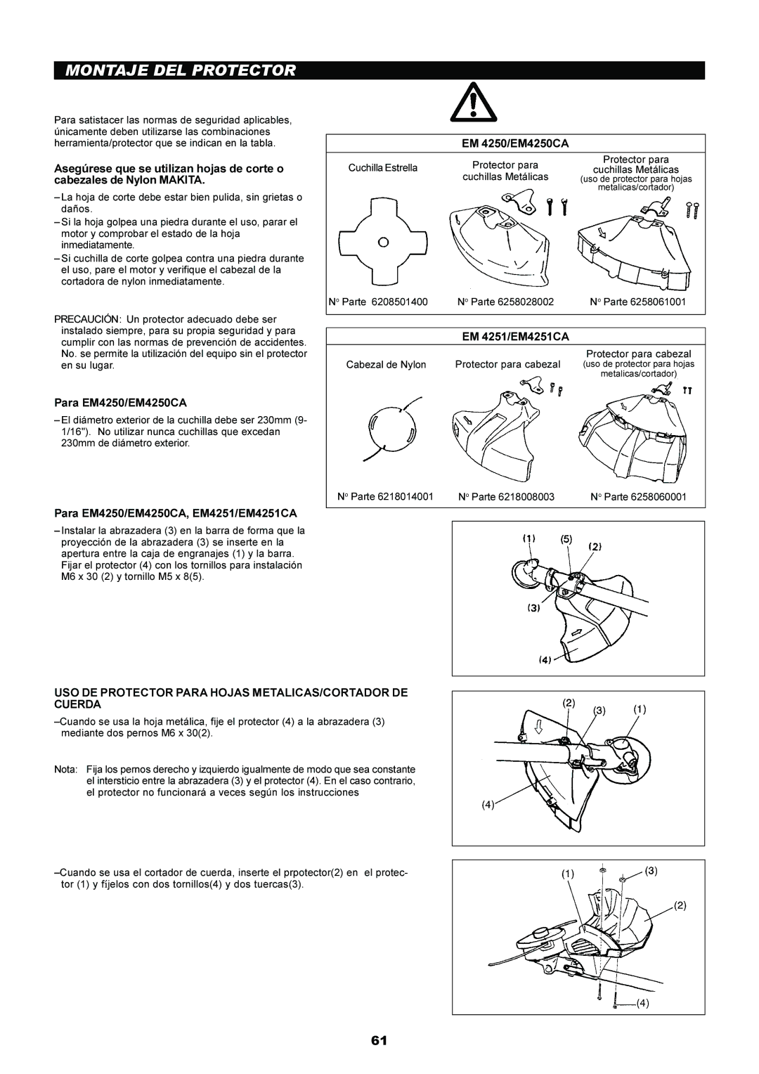 Makita EM5250CA instruction manual Montaje DEL Protector, Para EM4250/EM4250CA, EM4251/EM4251CA 