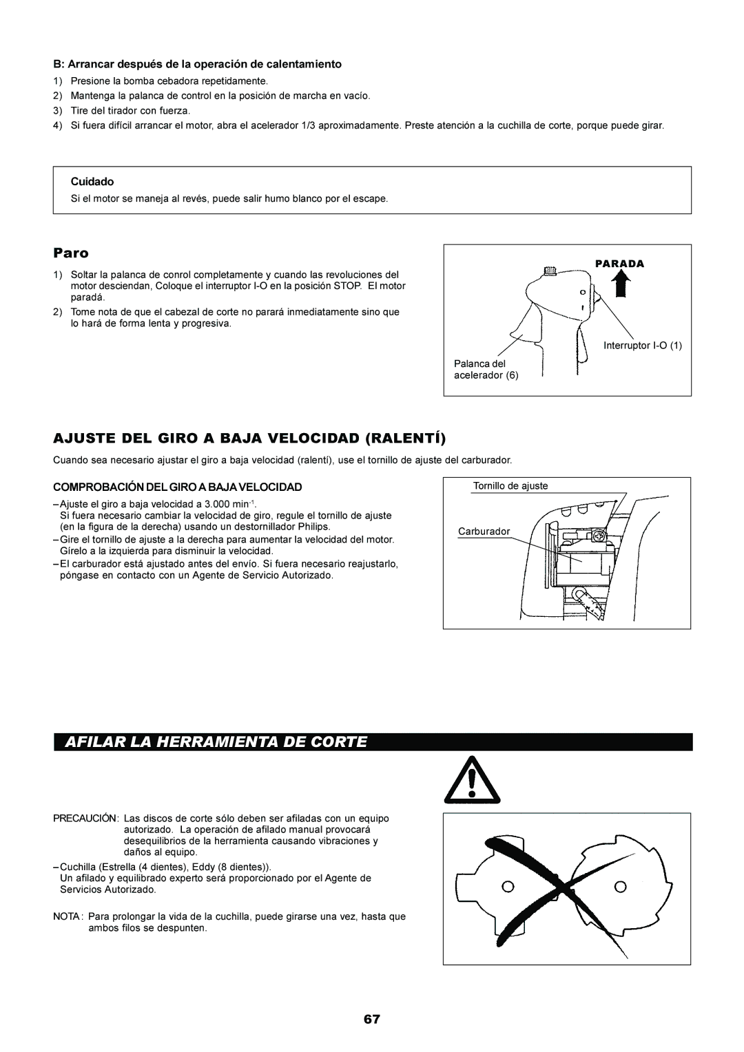 Makita EM5250CA, EM4250 instruction manual Afilar LA Herramienta DE Corte, Ajuste DEL Giro a Baja Velocidad Ralentí, Cuidado 