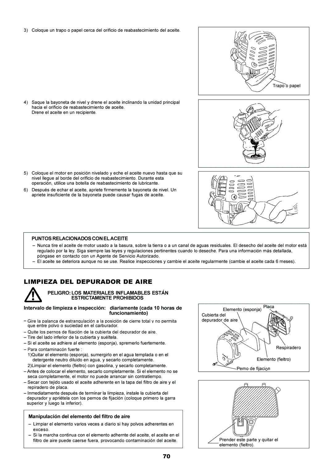 Makita EM4250, EM5250CA instruction manual Limpieza DEL Depurador DE Aire, Puntos Relacionados CON EL Aceite 