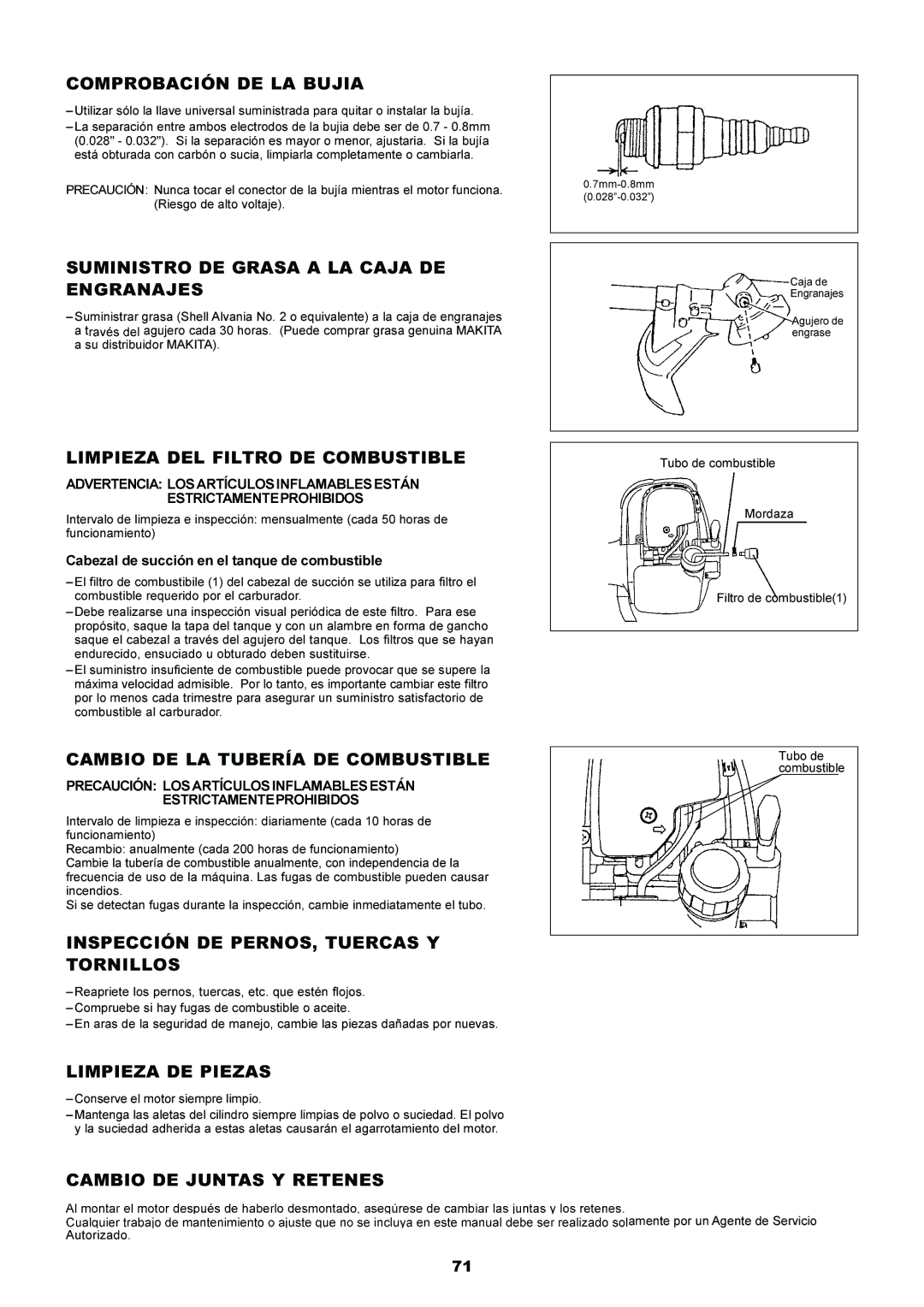 Makita EM5250CA Comprobación DE LA Bujia, Suministro DE Grasa a LA Caja DE Engranajes, Limpieza DEL Filtro DE Combustible 