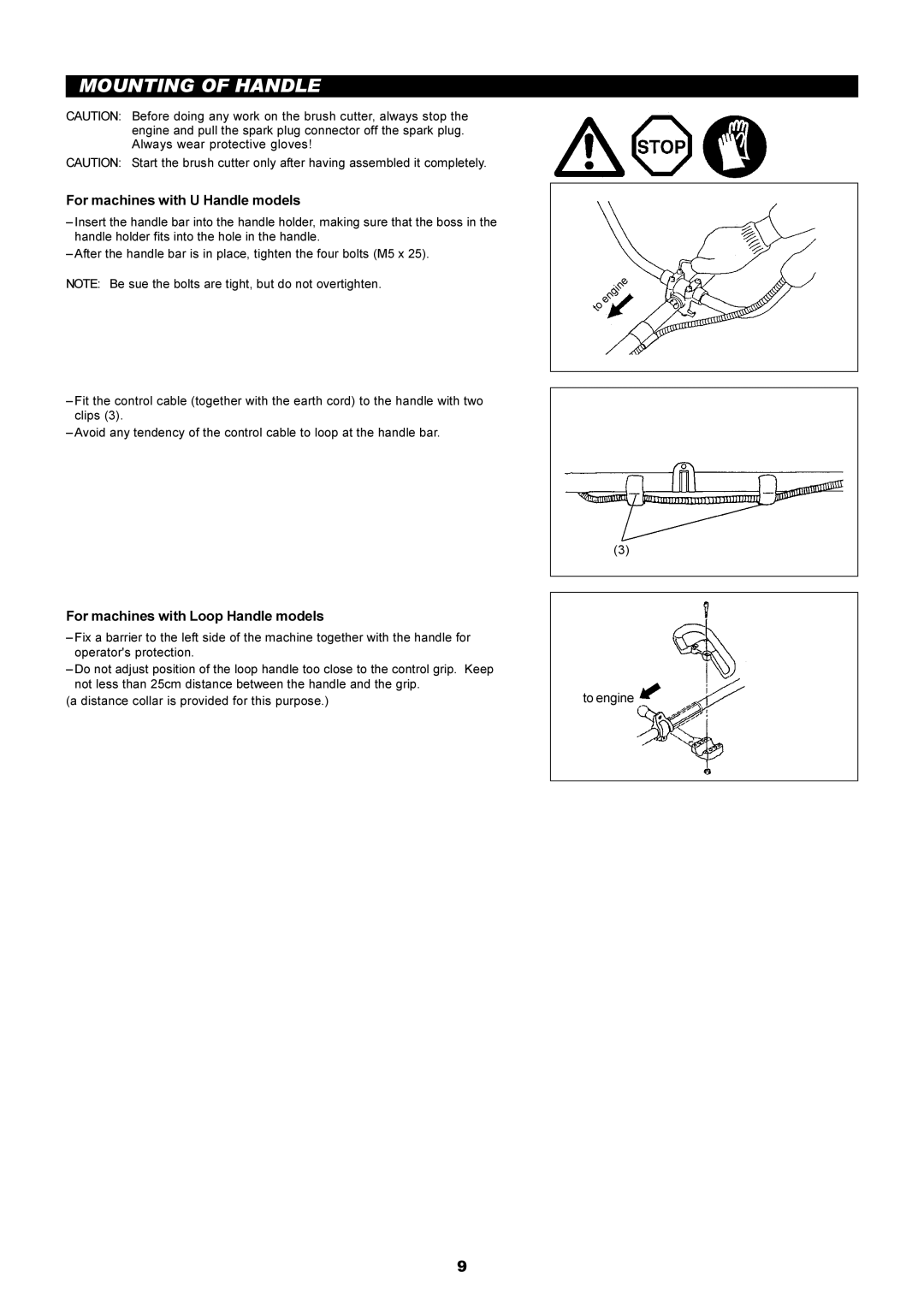 Makita EM5250CA, EM4250 Mounting of Handle, For machines with U Handle models, For machines with Loop Handle models 